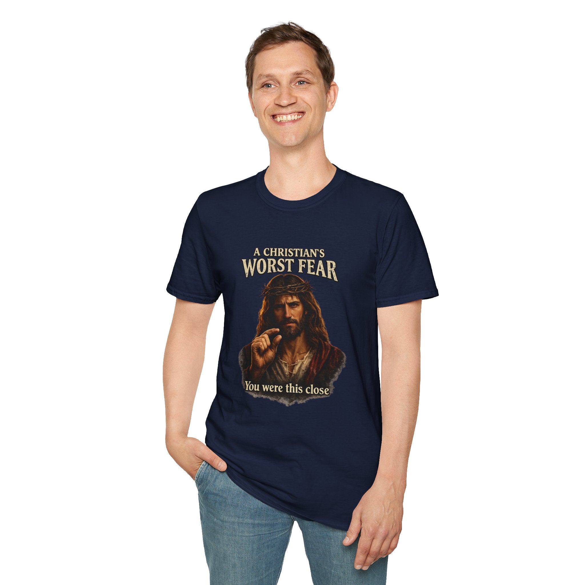 T-Shirt — “A Christian’s Worst Fear: You Were This Close” Vintage Jesus Holiday Tee