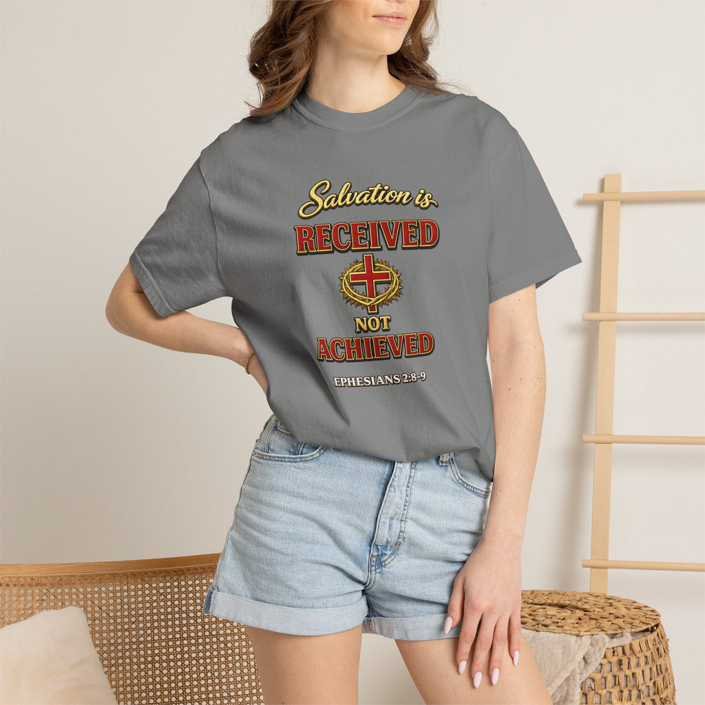 Faith T-Shirt — "Salvation Is Received Not Achieved" Christian Graphic Tee (Full Armor of God)
