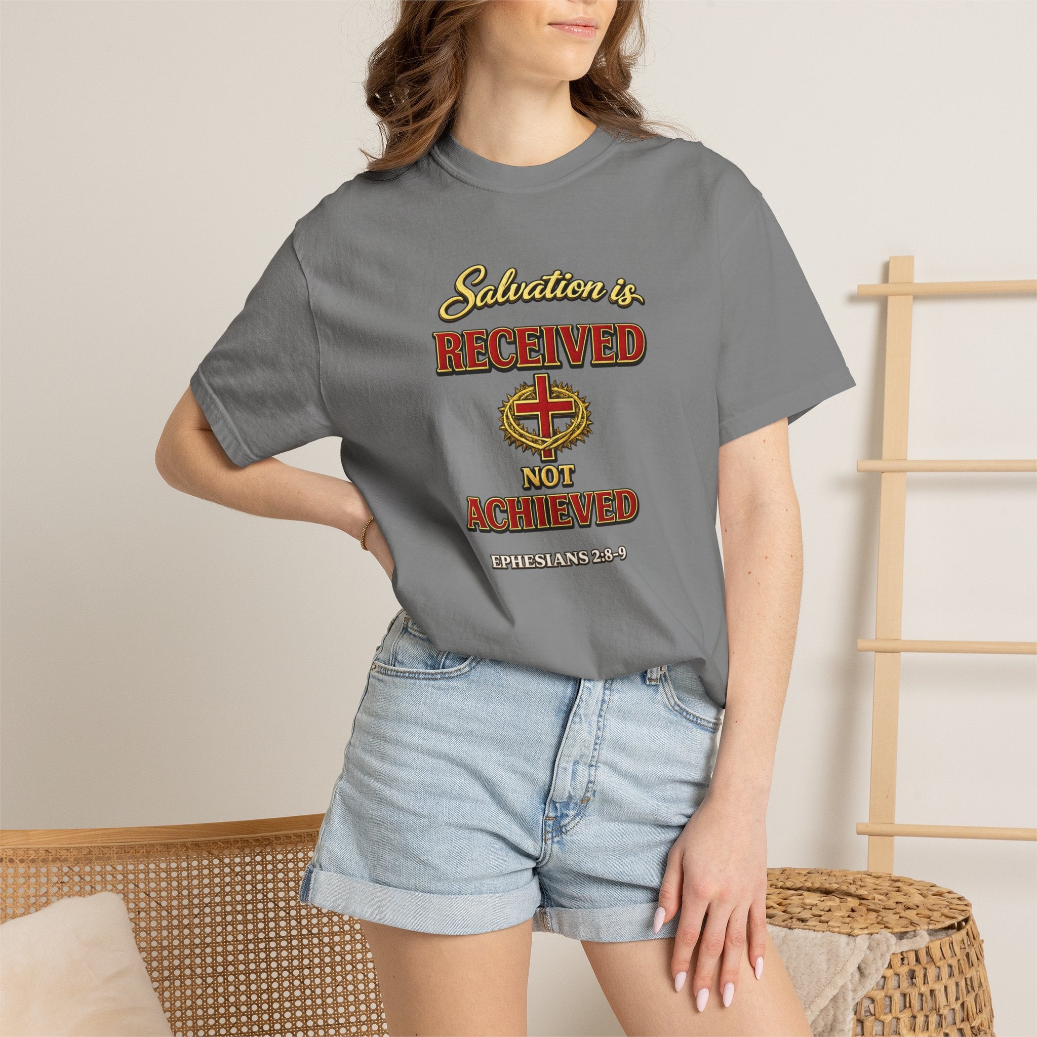 Faith T-Shirt — "Salvation Is Received Not Achieved" Christian Graphic Tee (Full Armor of God)
