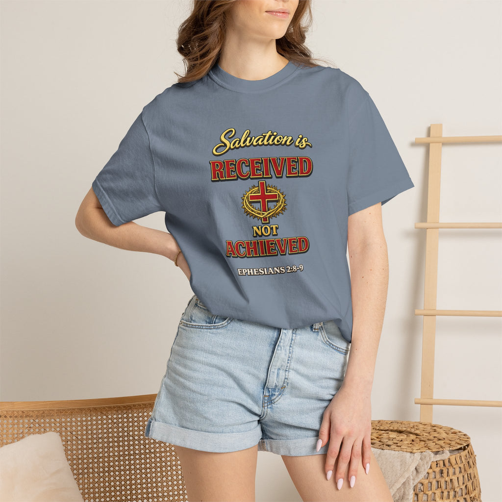 Faith T-Shirt — "Salvation Is Received Not Achieved" Christian Graphic Tee (Full Armor of God)