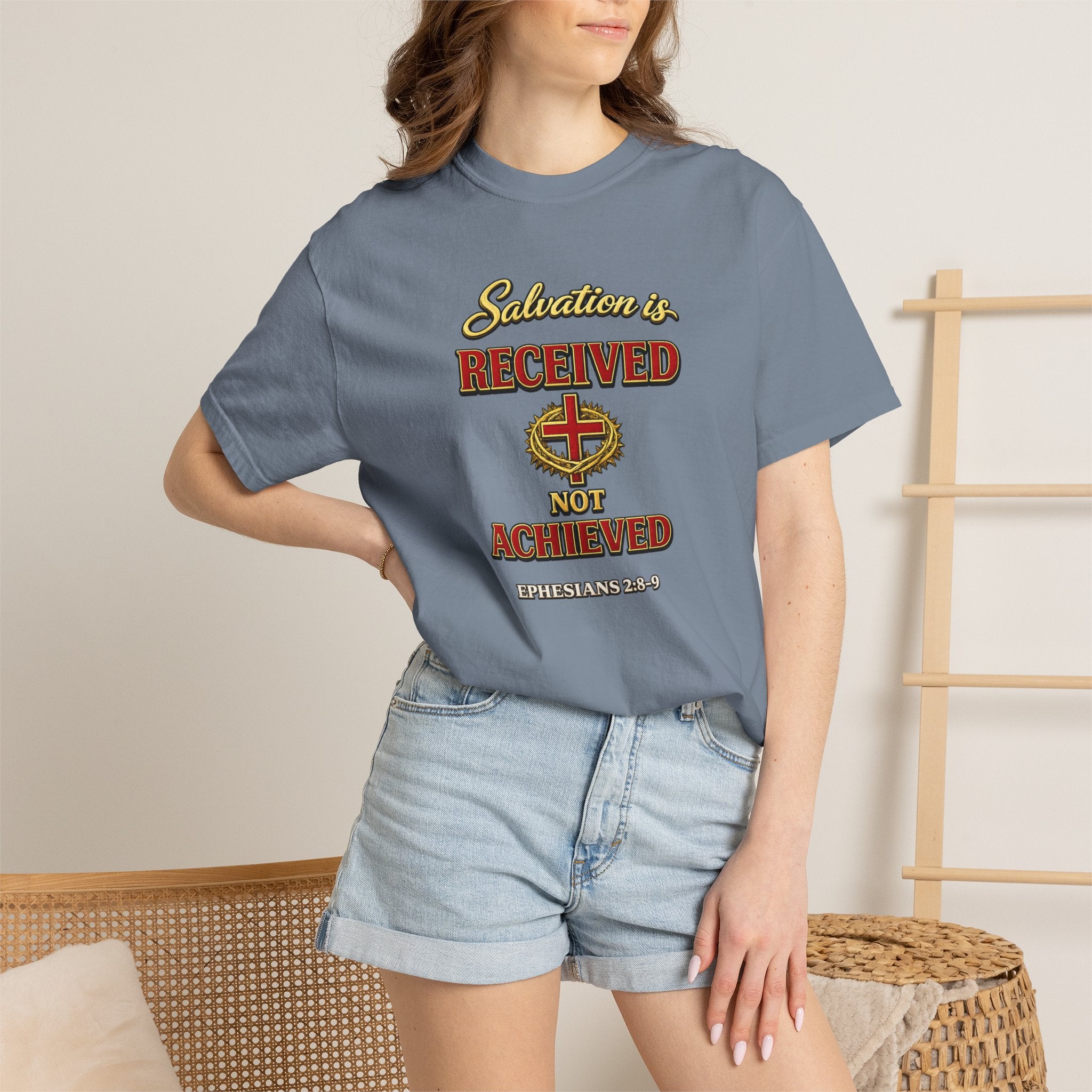Faith T-Shirt — "Salvation Is Received Not Achieved" Christian Graphic Tee (Full Armor of God)