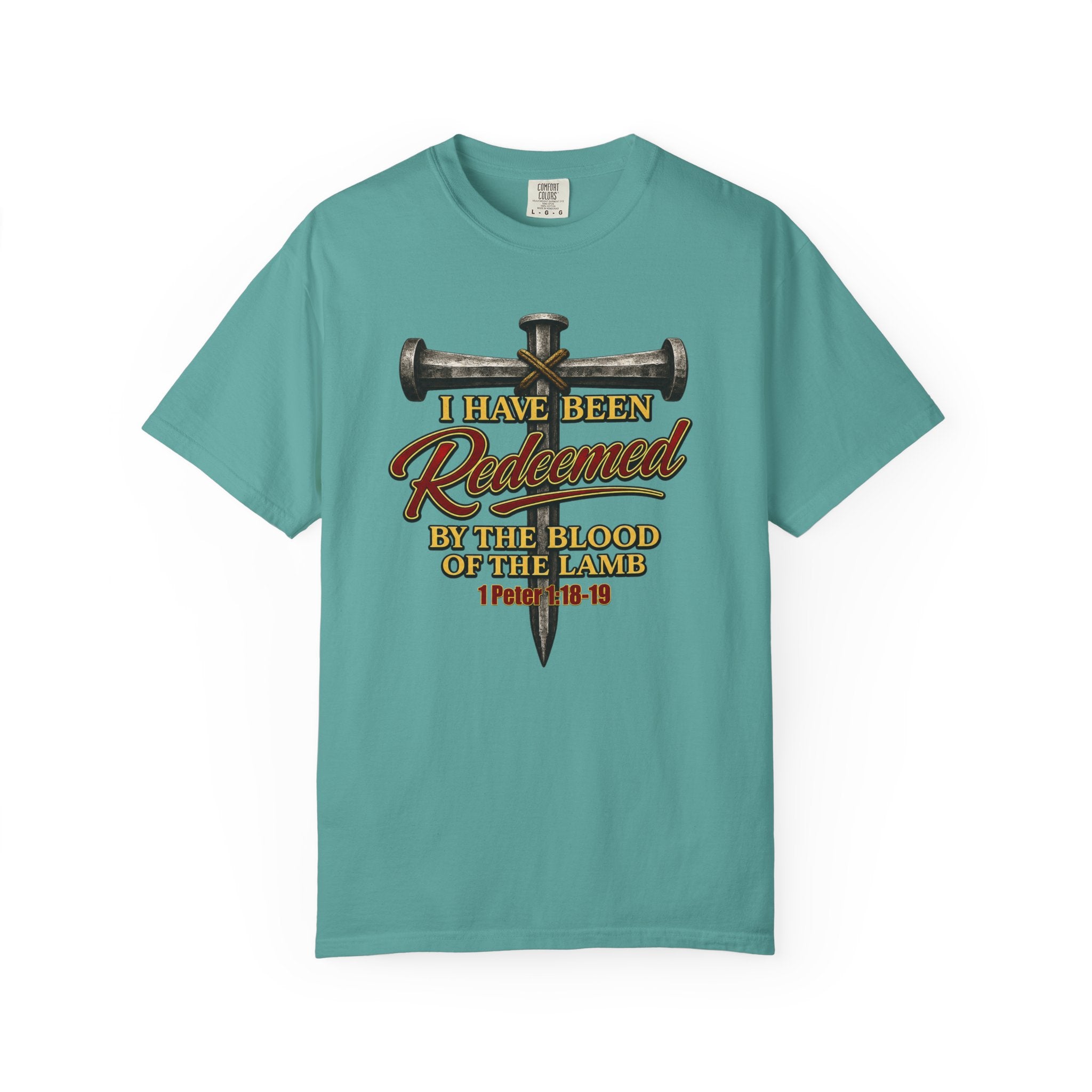Redeemed by the Blood T-Shirt — Christian Cross & Nail Faith Tee (1 Peter 1:18-19)