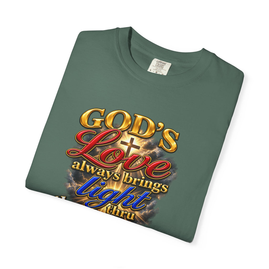 Christian Faith T-Shirt – “God’s Love Always Brings Light” Scripture Tee (John 8:12)