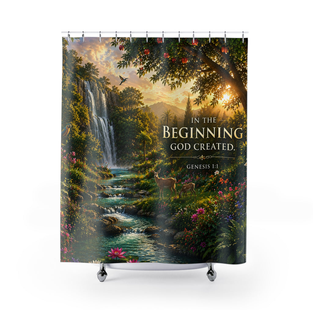 Genesis Nature Shower Curtain — "In the Beginning God Created" Biblical Landscape