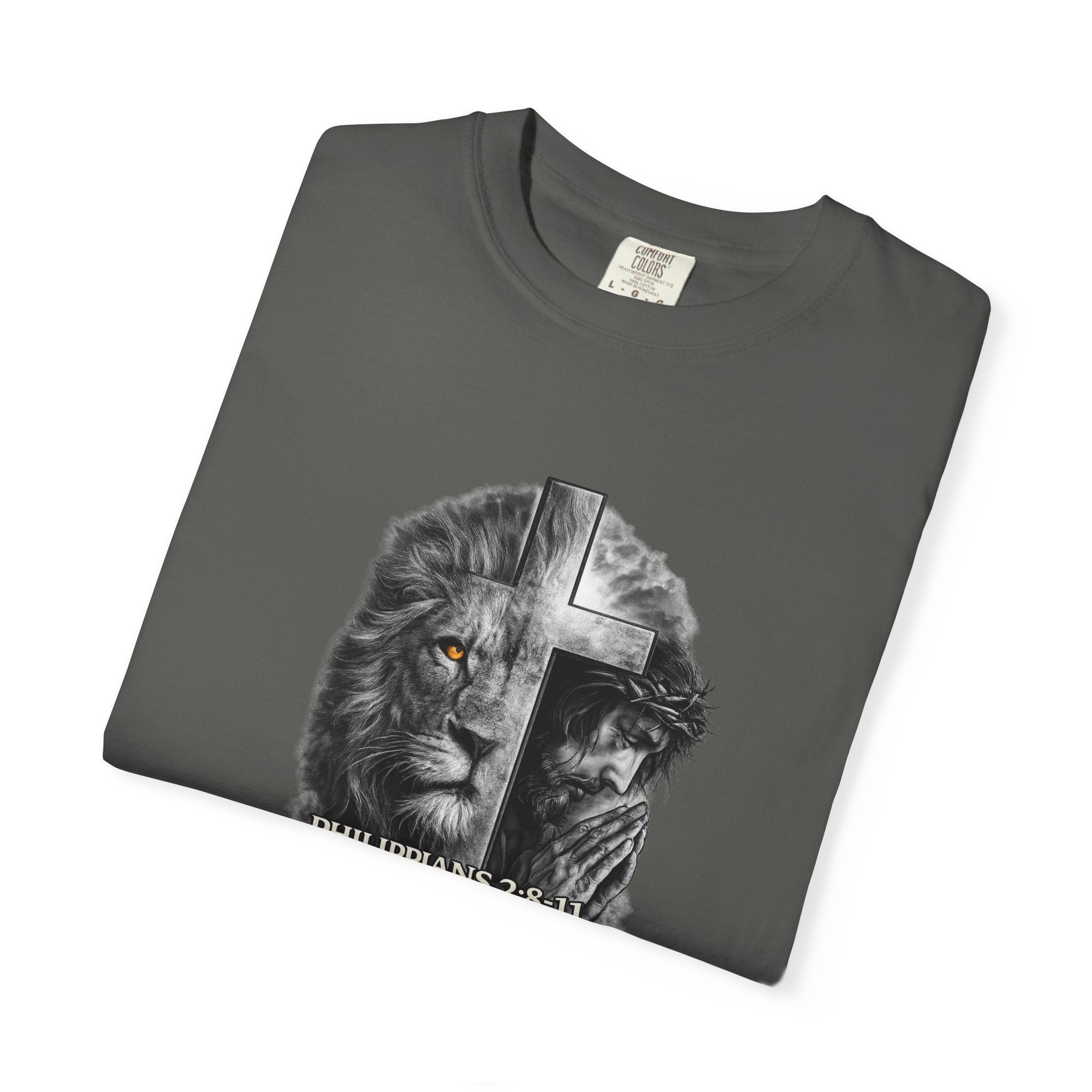 Christian Lion Cross T-Shirt — Philippians 2:8 Faith Graphic Tee