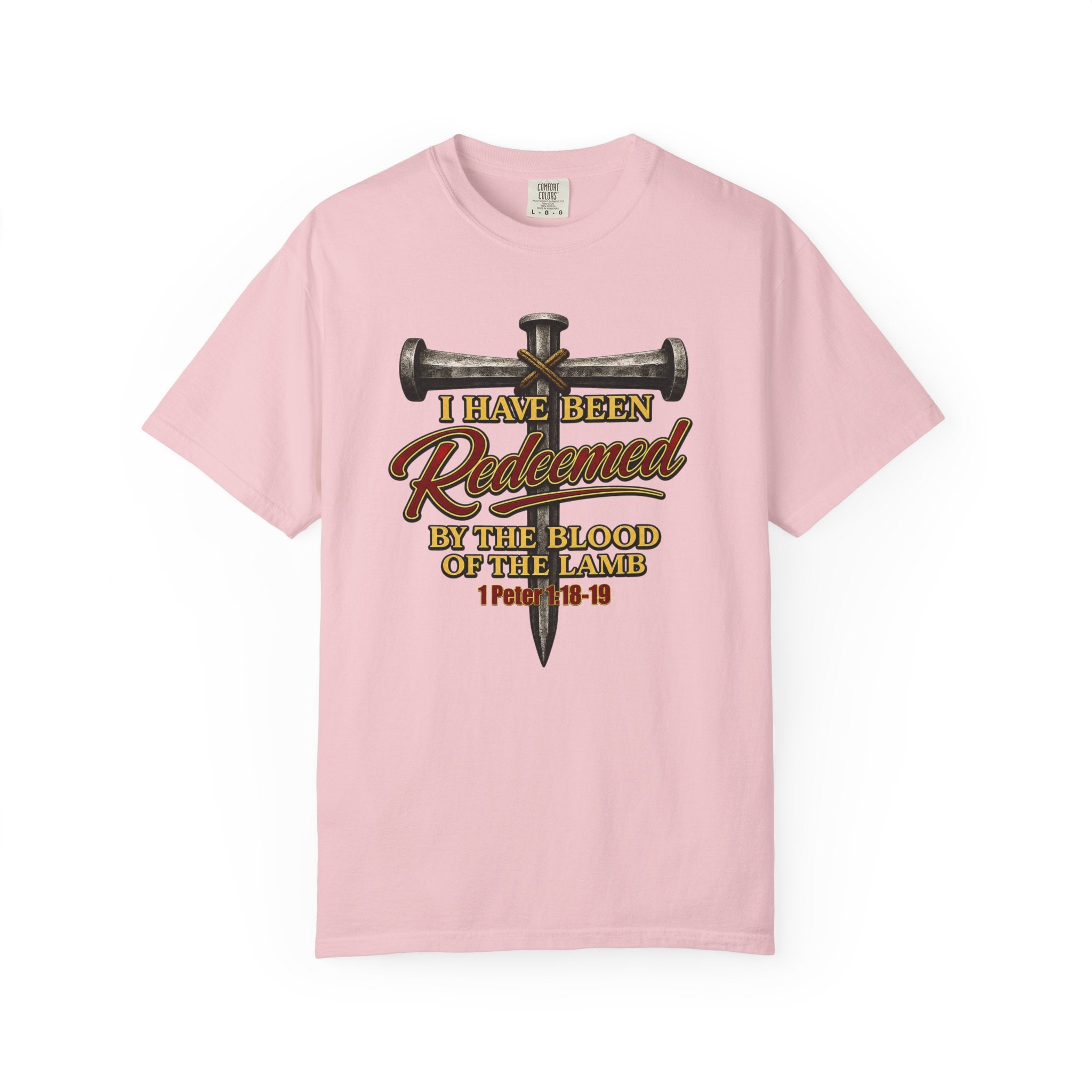 Redeemed by the Blood T-Shirt — Christian Cross & Nail Faith Tee (1 Peter 1:18-19)