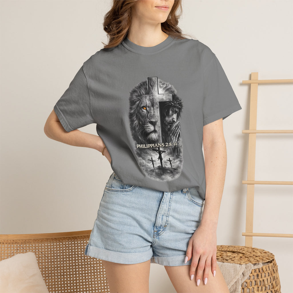 Christian Lion Cross T-Shirt — Philippians 2:8 Faith Graphic Tee