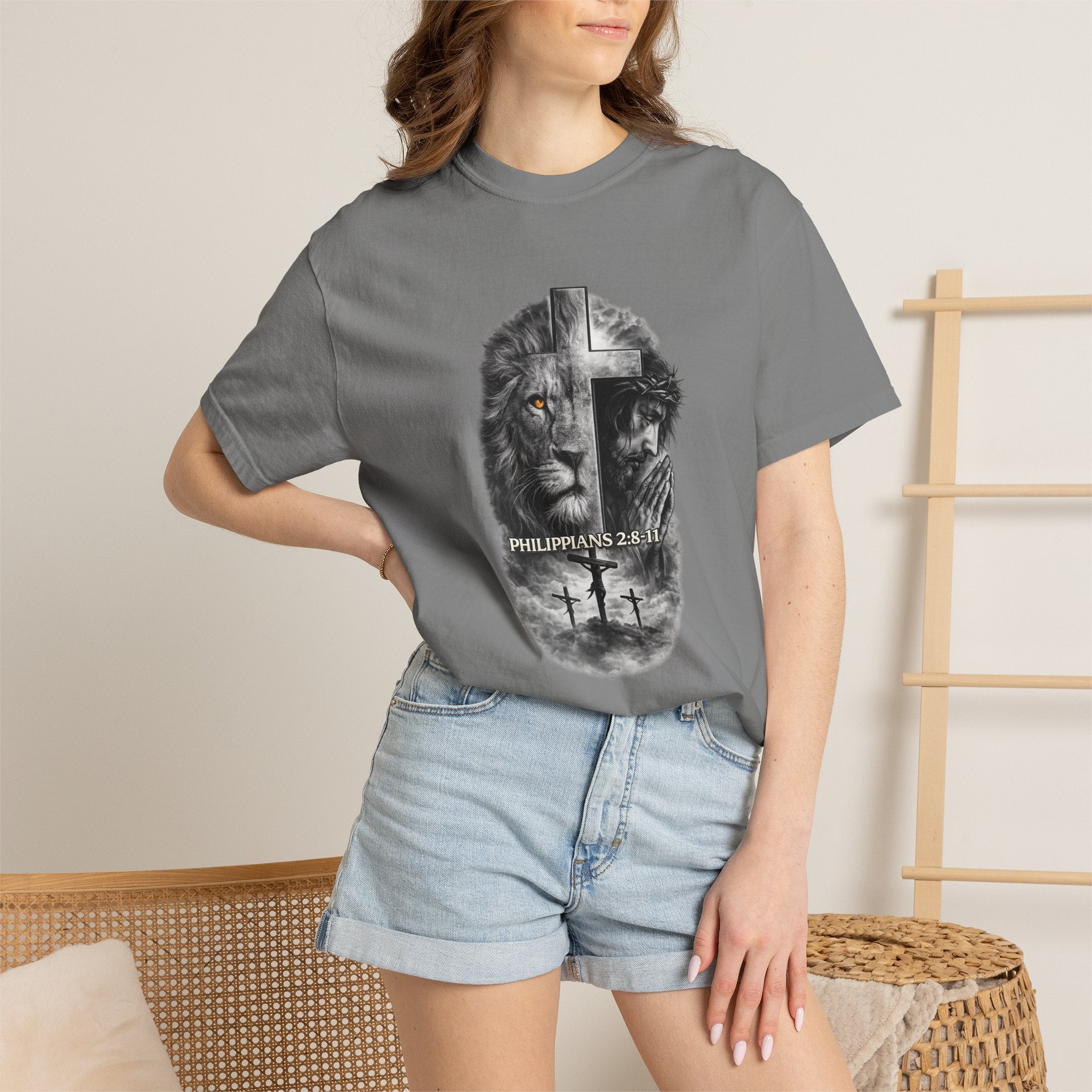 Christian Lion Cross T-Shirt — Philippians 2:8 Faith Graphic Tee