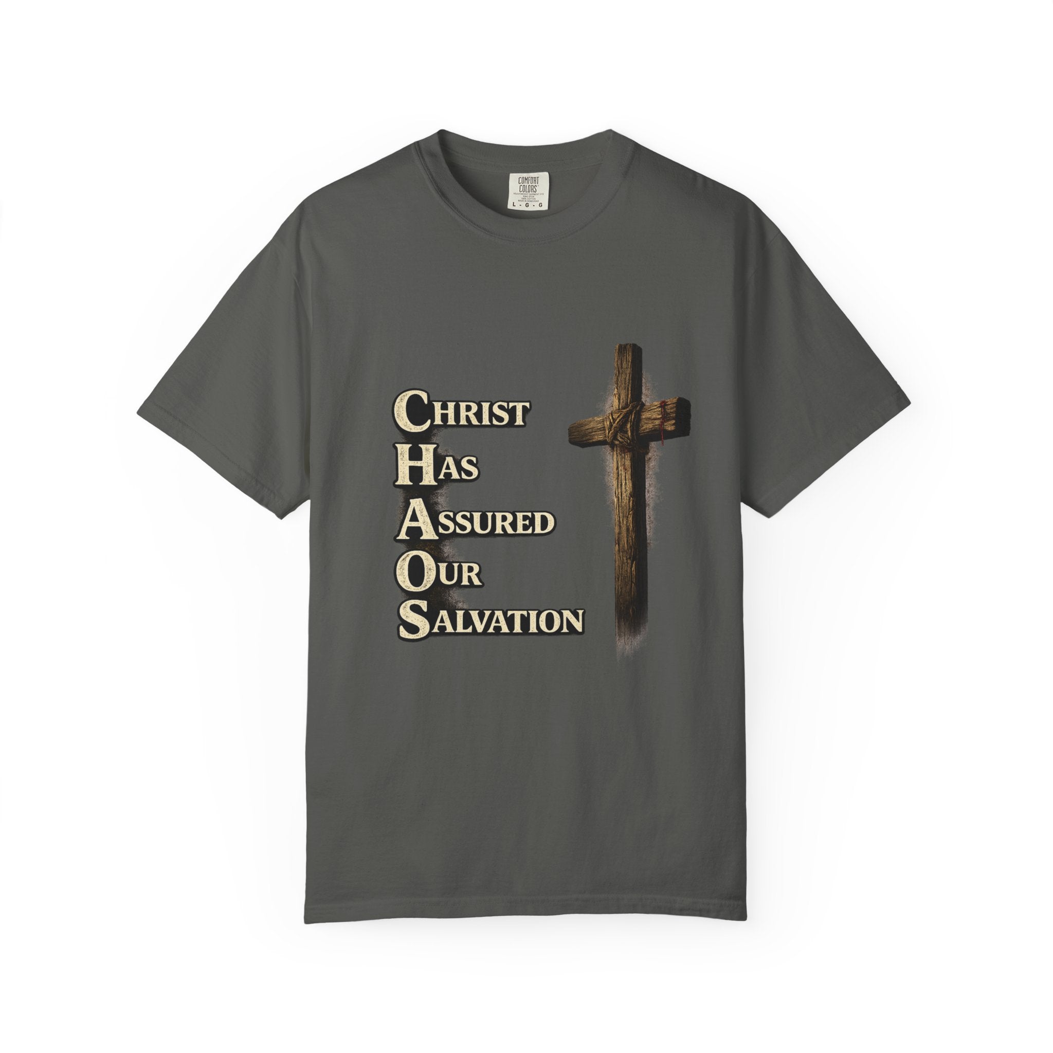 Christian Cross T‑Shirt — "CHAOS: Christ Has Assured Our Salvation" Faith Tee