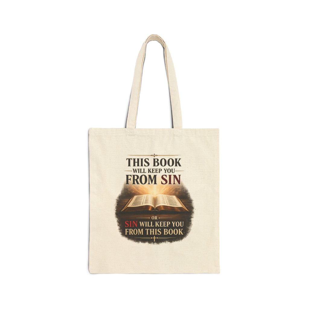 Tote Bag — "This Book Will Keep You From Sin" Inspirational Bible Quote Canvas Tote