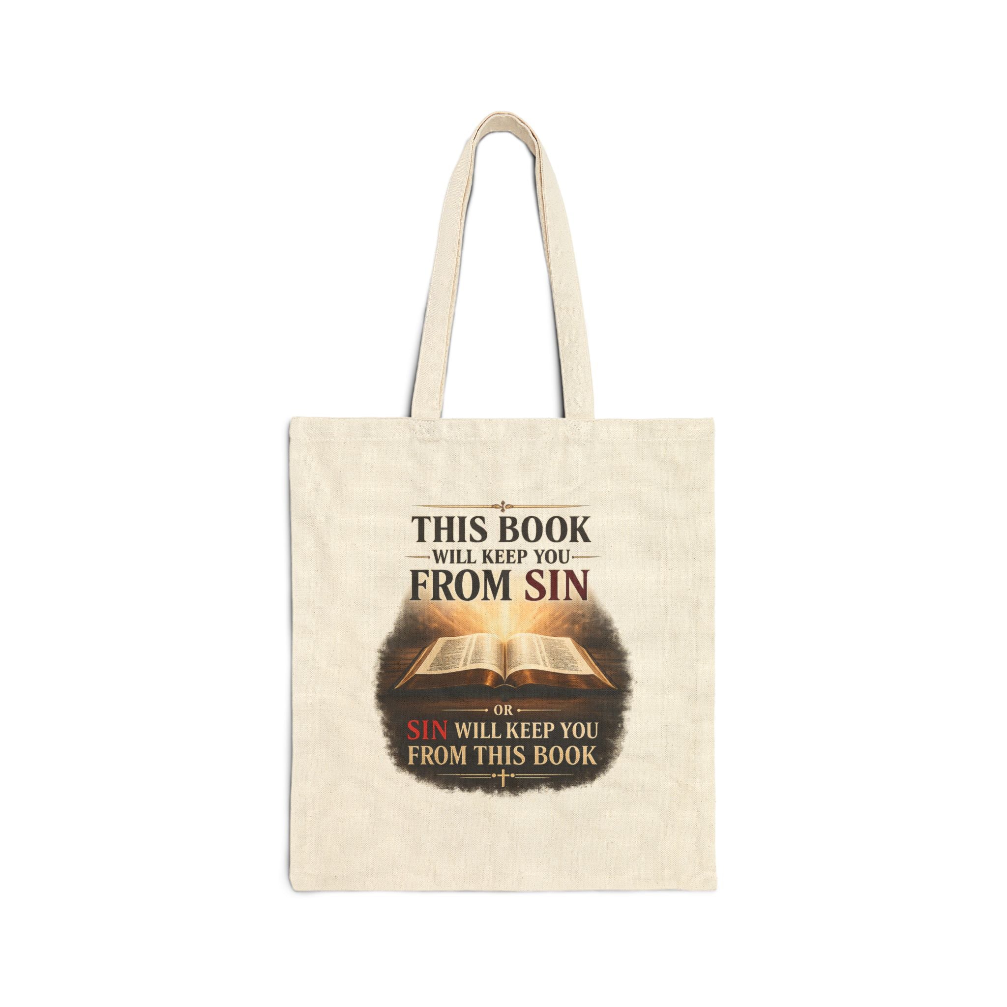 Tote Bag — "This Book Will Keep You From Sin" Inspirational Bible Quote Canvas Tote
