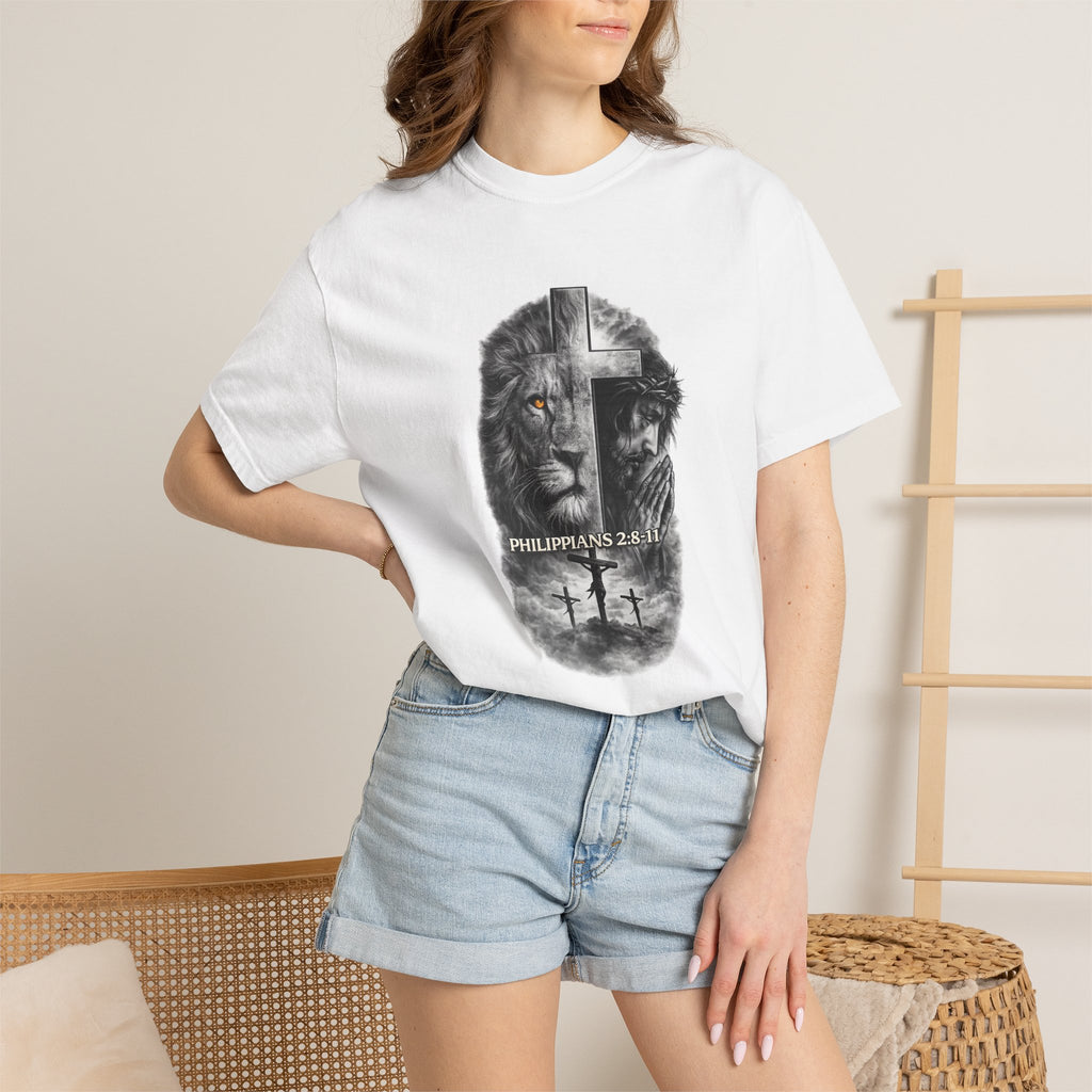 Christian Lion Cross T-Shirt — Philippians 2:8 Faith Graphic Tee