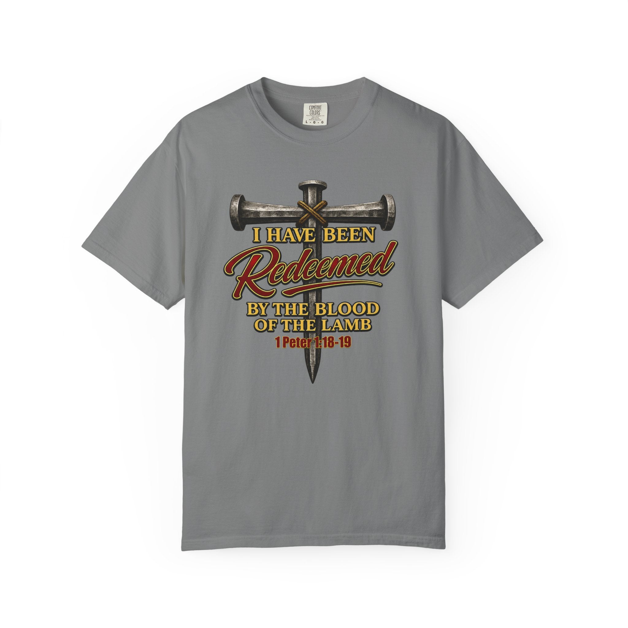 Redeemed by the Blood T-Shirt — Christian Cross & Nail Faith Tee (1 Peter 1:18-19)