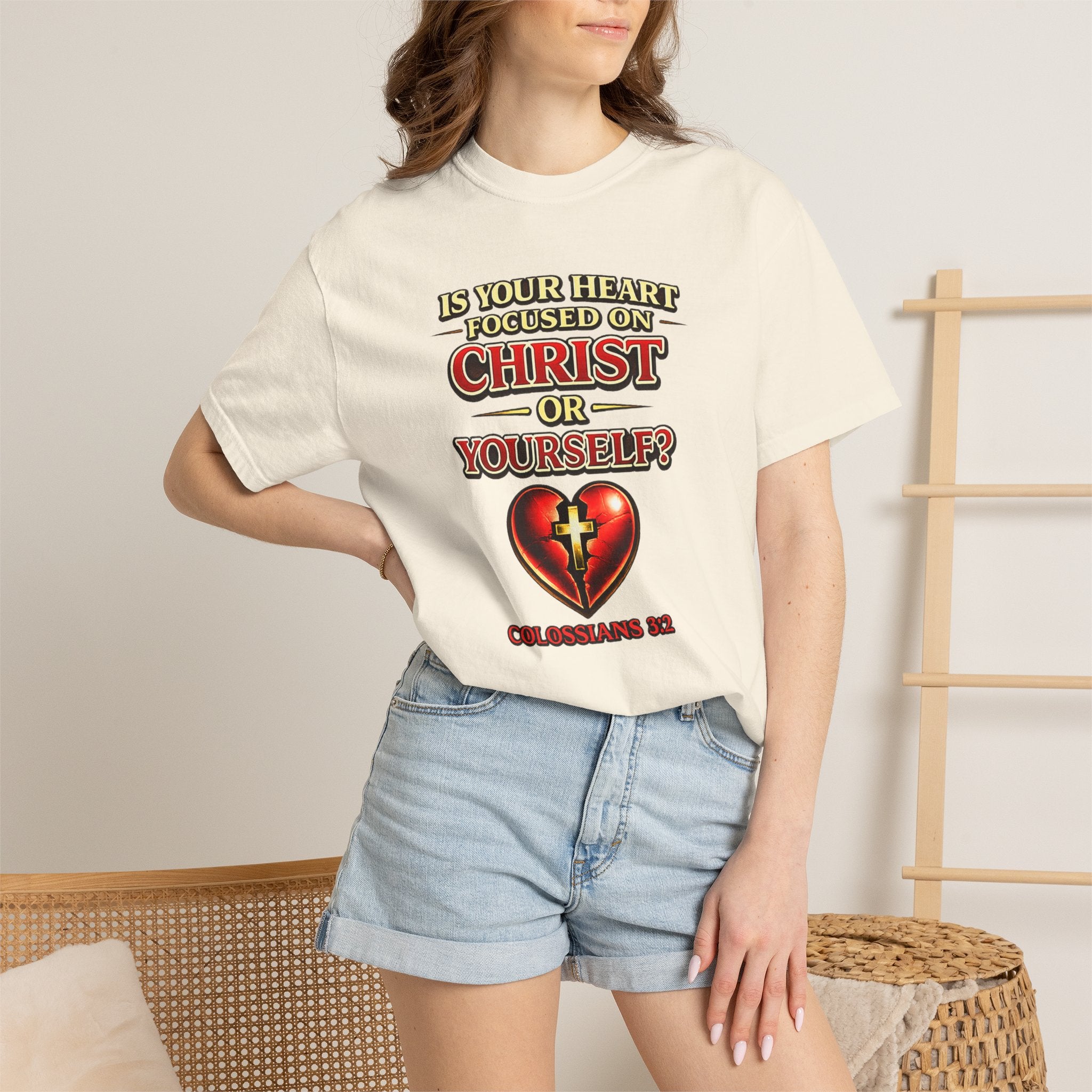 Christian Graphic T-Shirt — “Is Your Heart Focused on Christ or Yourself?” with Heart & Cross