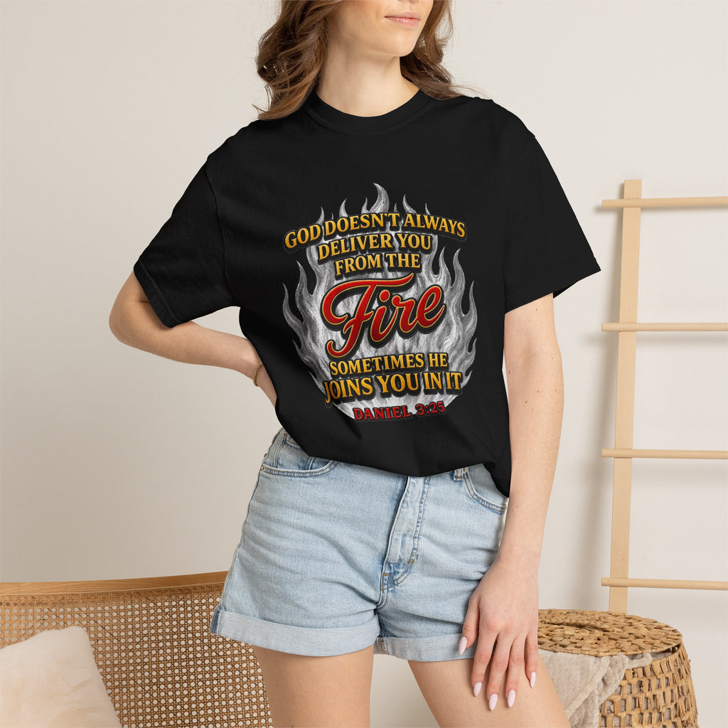 Christian Flame T-Shirt — "God Doesn’t Always Deliver You From the Fire" Faith Tee