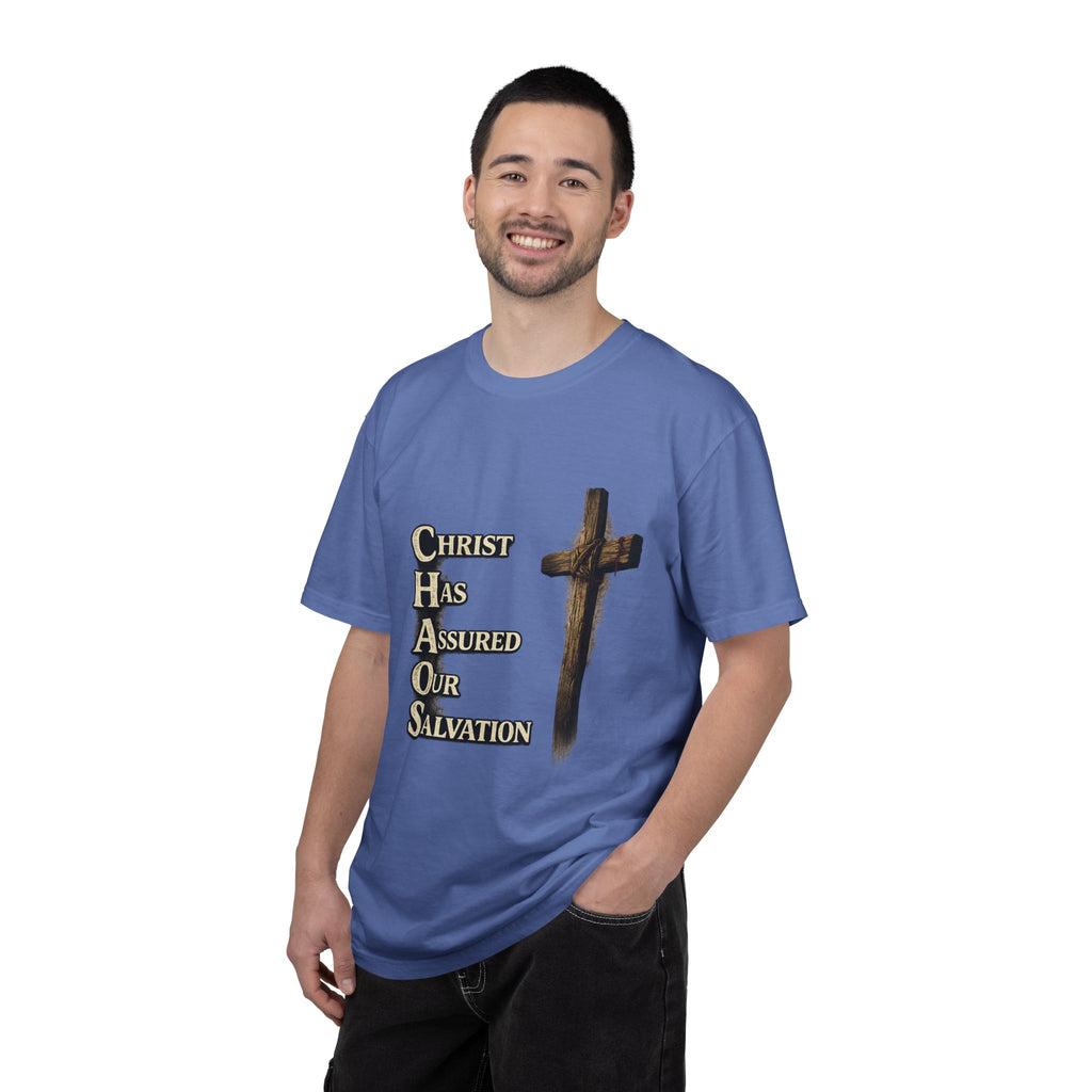 Christian Cross T‑Shirt — "CHAOS: Christ Has Assured Our Salvation" Faith Tee