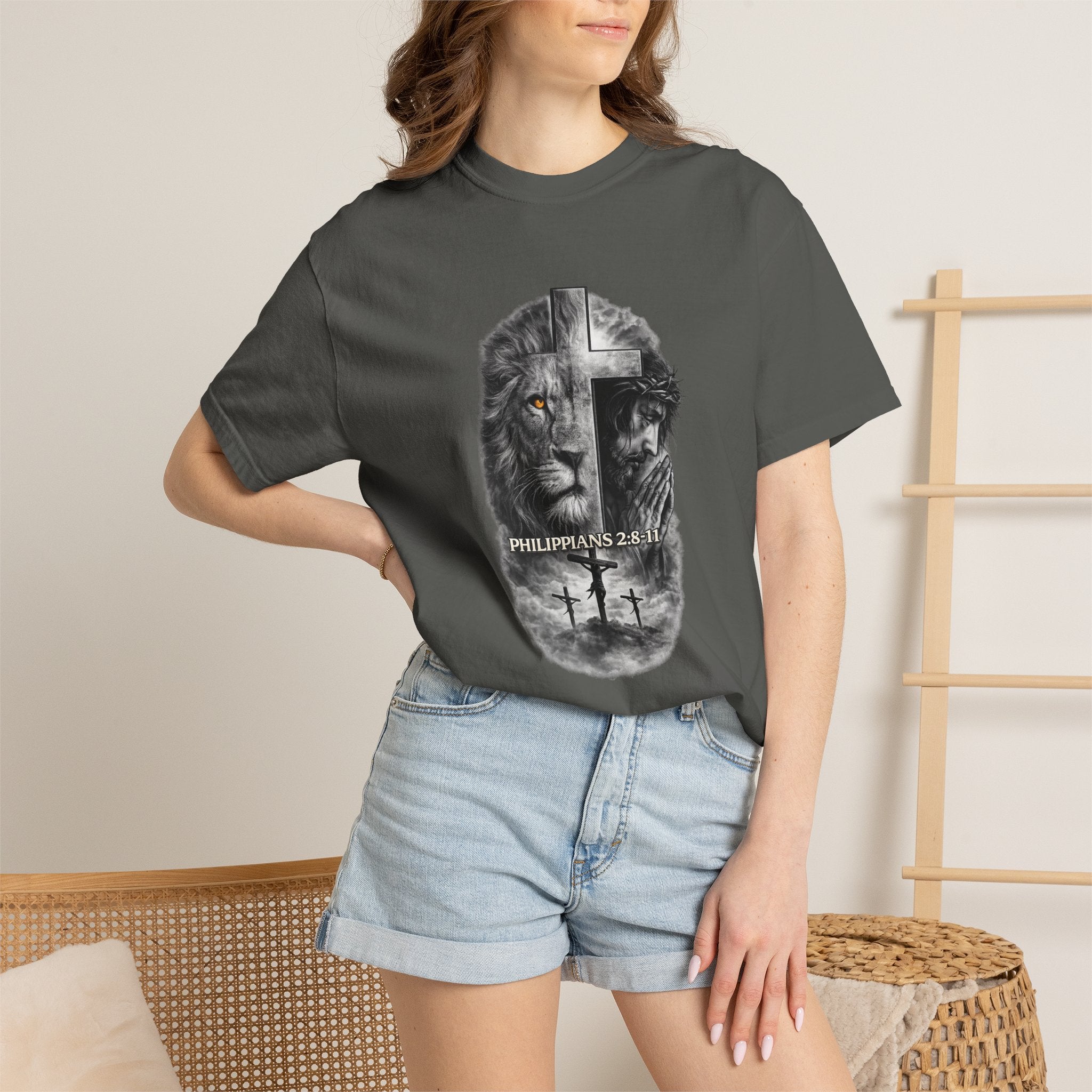 Christian Lion Cross T-Shirt — Philippians 2:8 Faith Graphic Tee