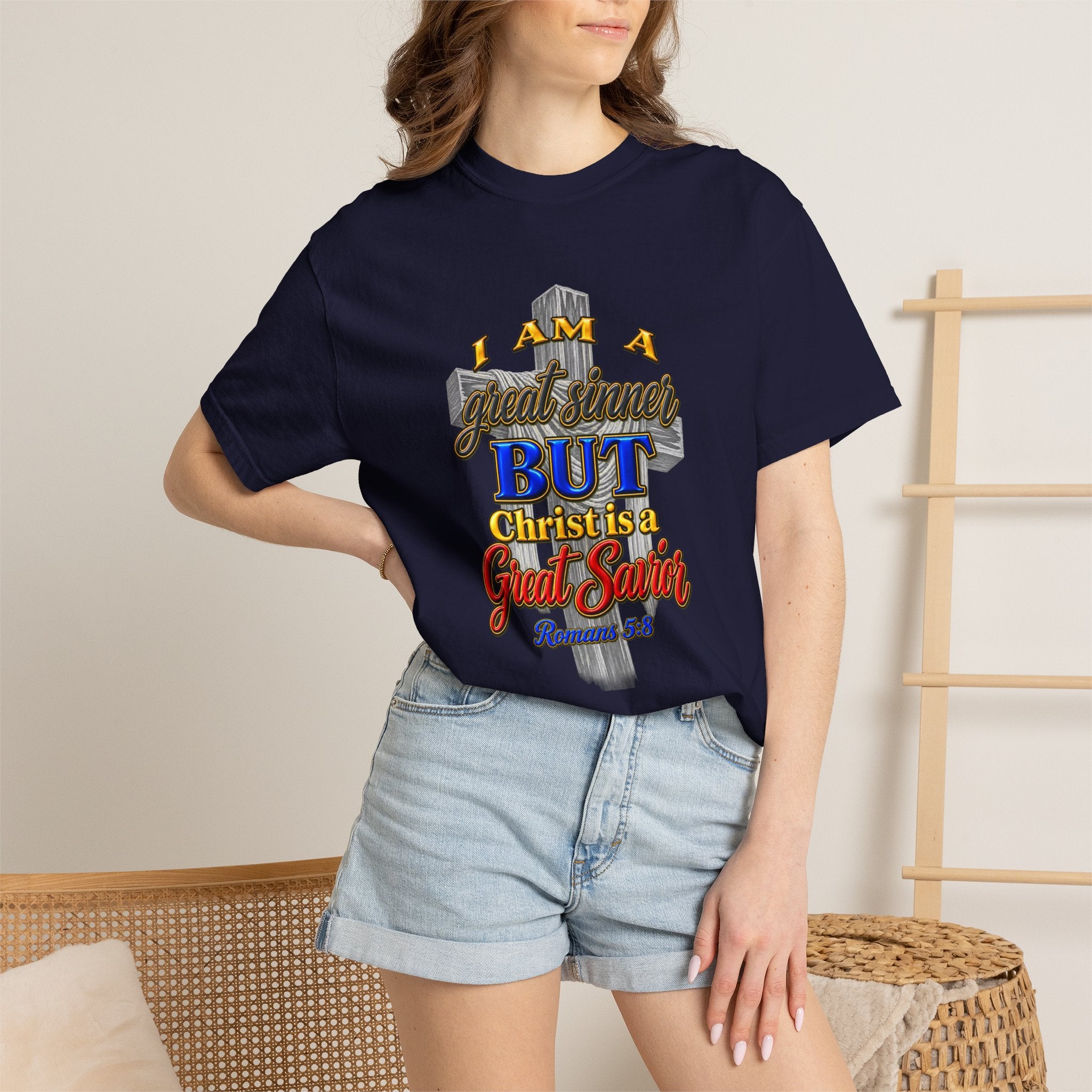 Christian Graphic T-Shirt — "I Am A Great Sinner But Christ Is A Great Savior" (Full Armor of God)