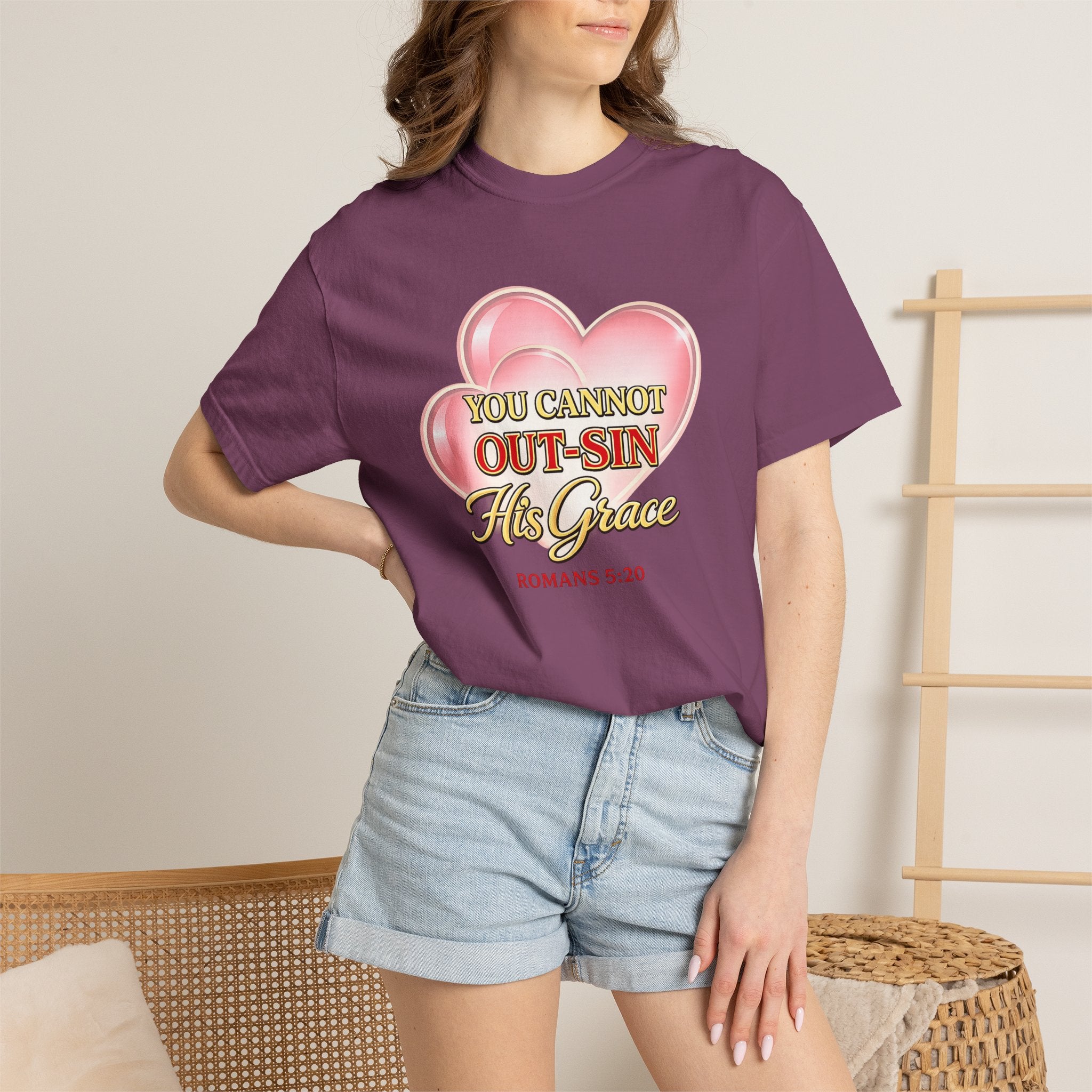 Christian Heart T-Shirt — "You Cannot Out-Sin His Grace" (Romans 5:20)