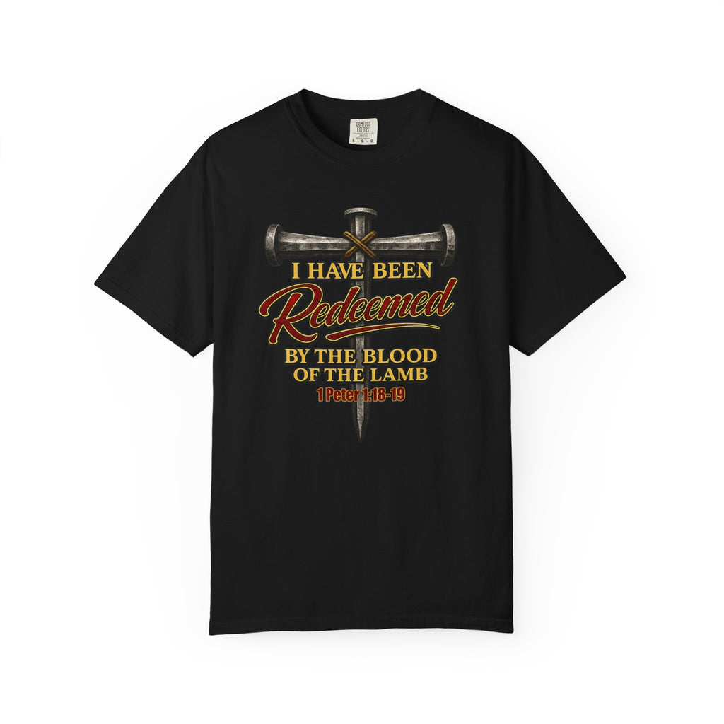 Redeemed by the Blood T-Shirt — Christian Cross & Nail Faith Tee (1 Peter 1:18-19)