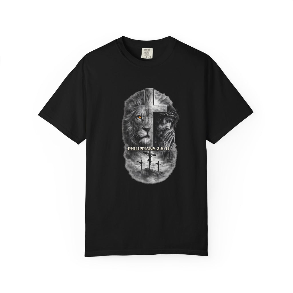 Christian Lion Cross T-Shirt — Philippians 2:8 Faith Graphic Tee