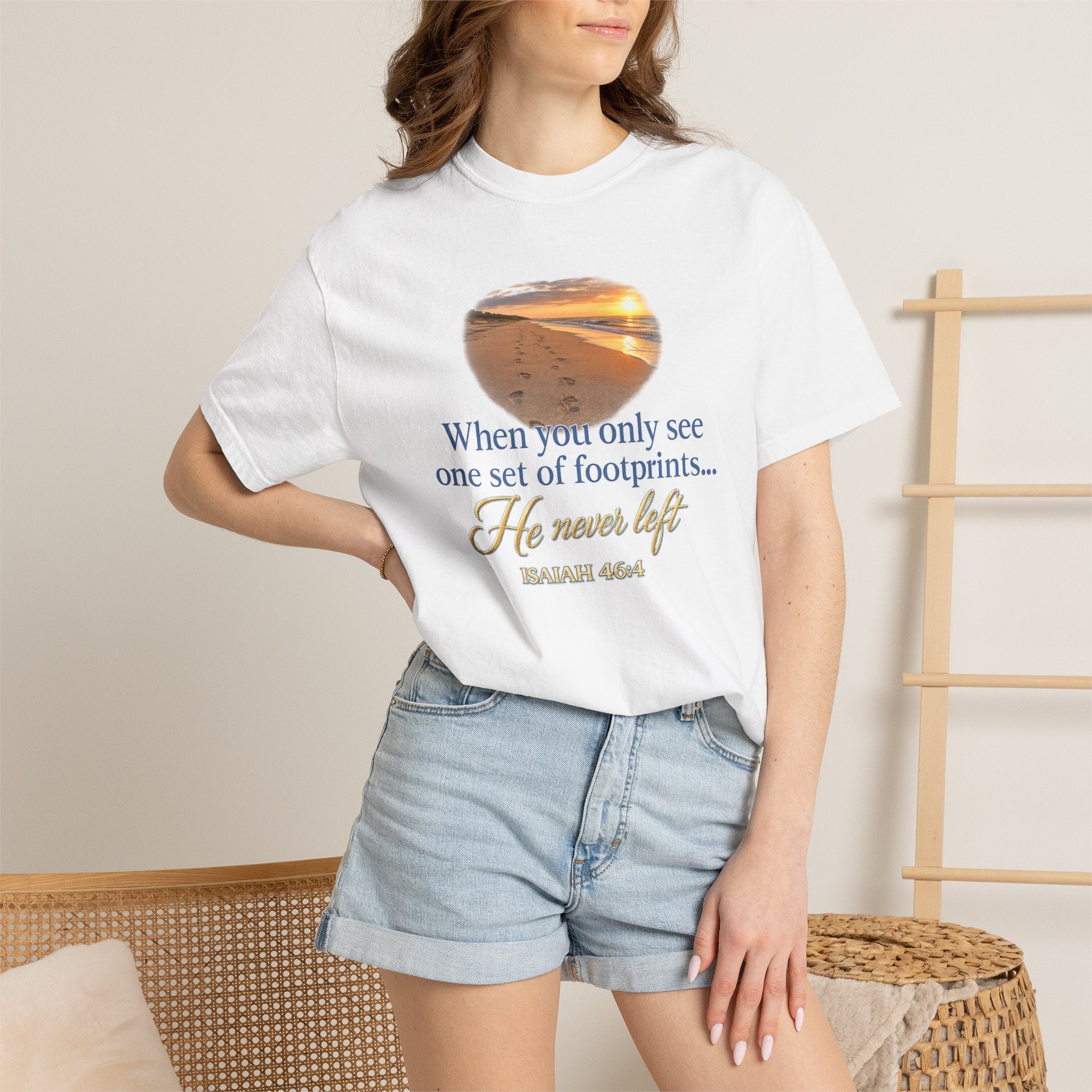 Footprints Bible Verse T-Shirt — "When You Only See One Set of Footprints... He Never Left"