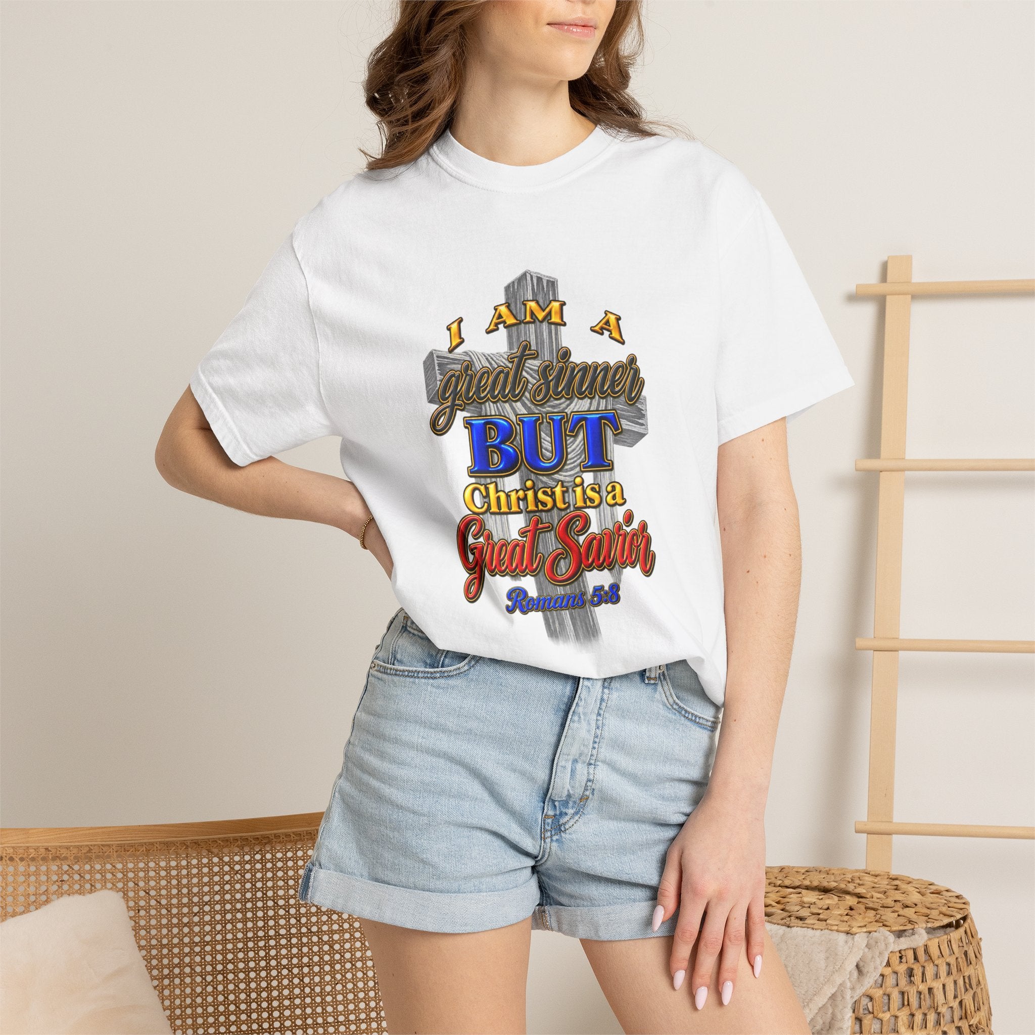Christian Graphic T-Shirt — "I Am A Great Sinner But Christ Is A Great Savior" (Full Armor of God)