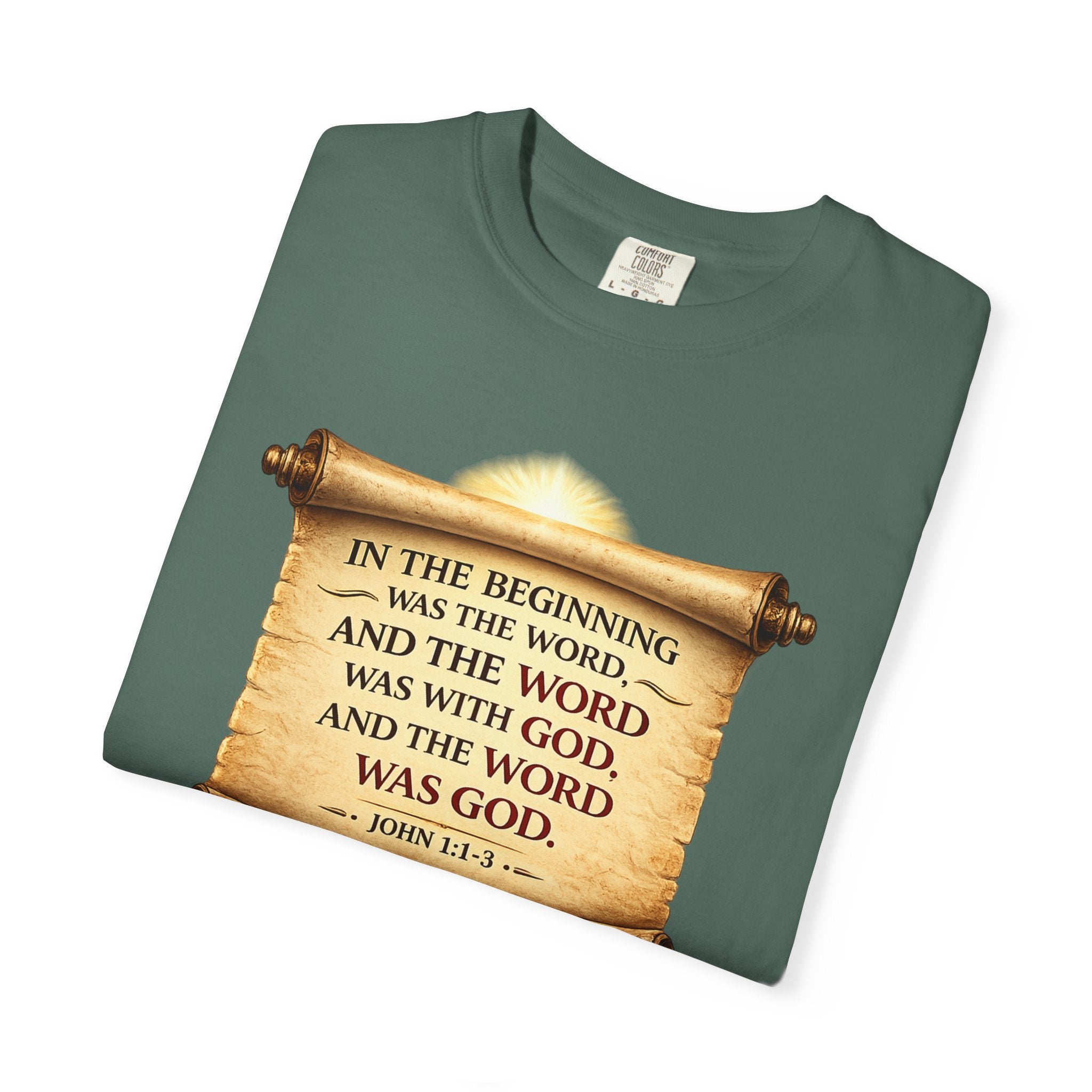 T-shirt — "In the Beginning Was the Word" John 1:1 Scroll Christian Tee