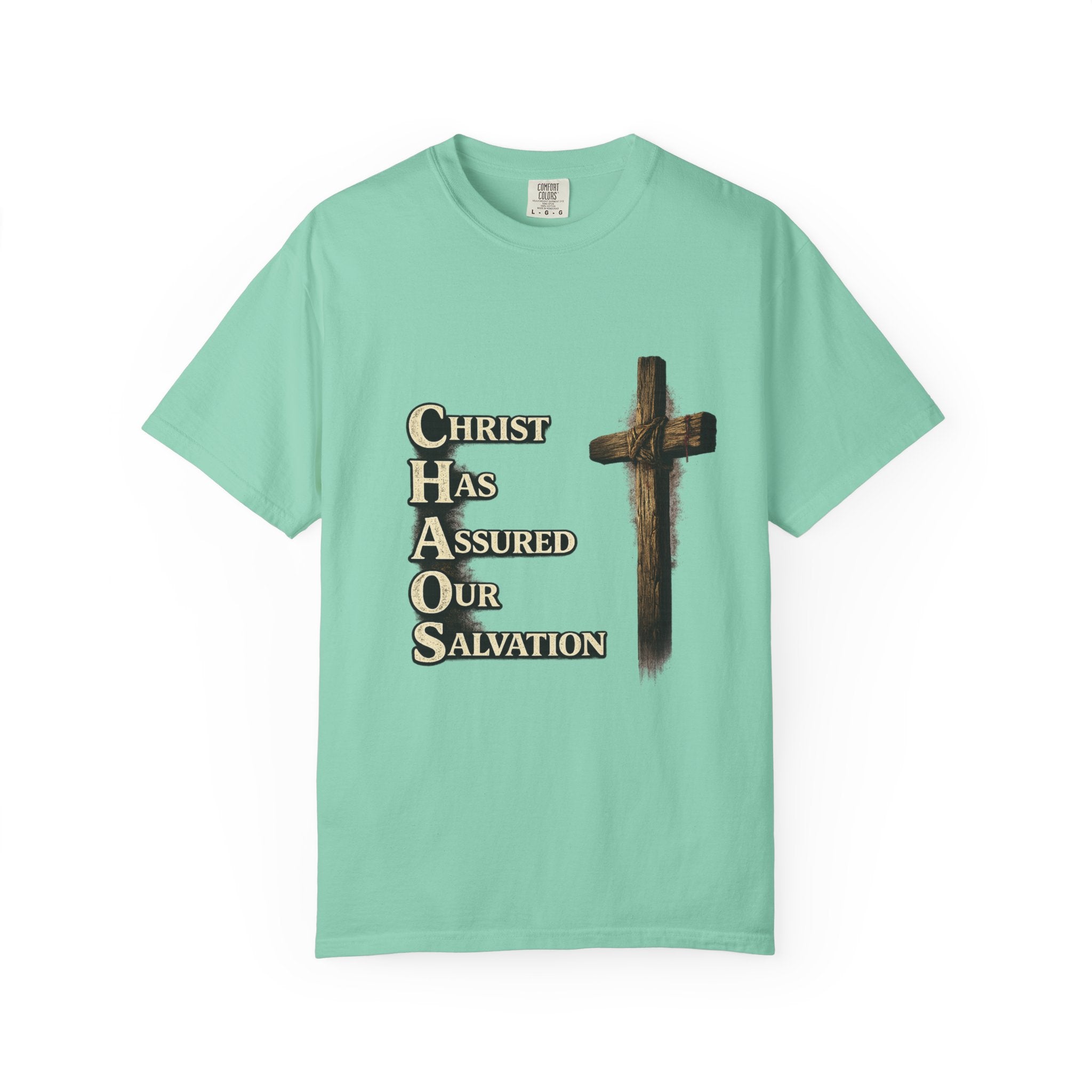 Christian Cross T‑Shirt — "CHAOS: Christ Has Assured Our Salvation" Faith Tee