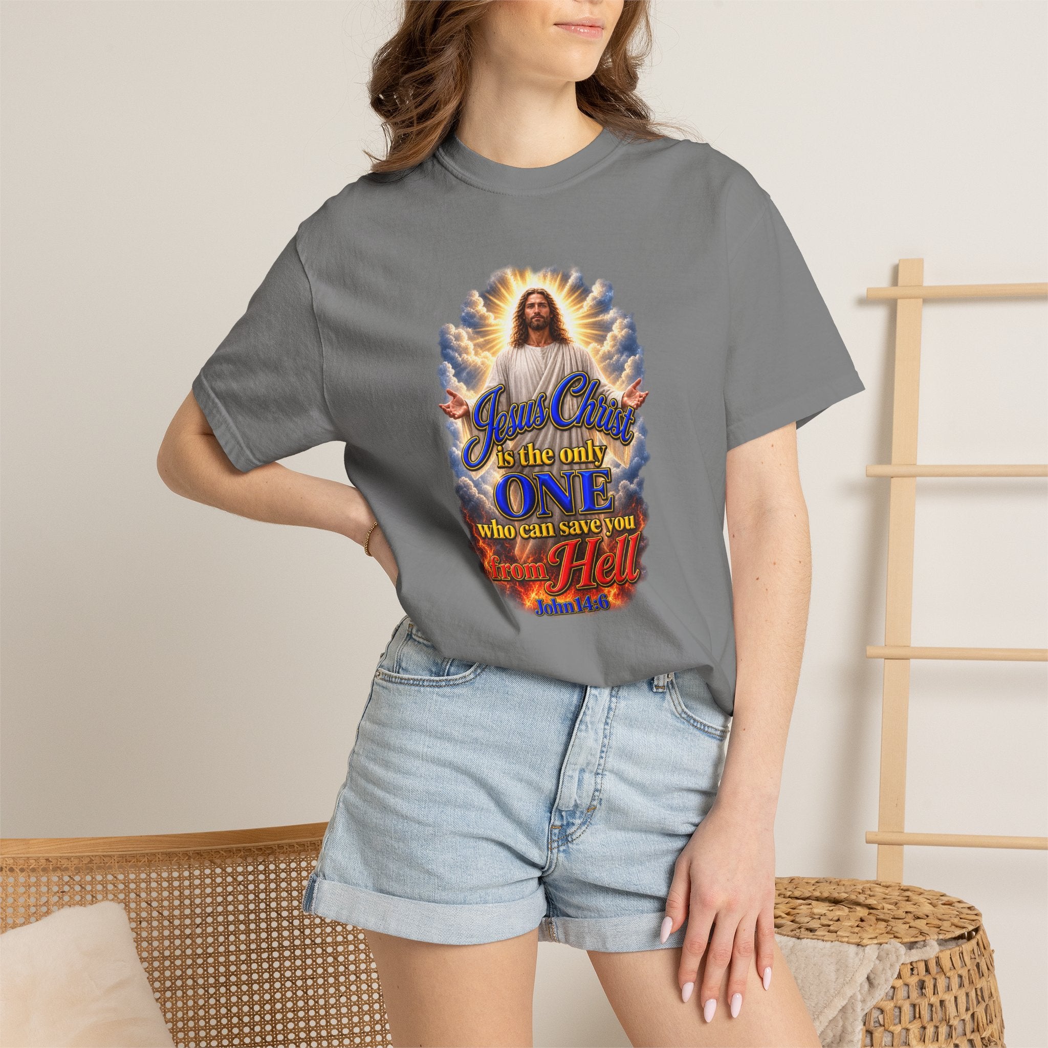 Christian Jesus Graphic T‑Shirt — "Jesus Christ is the only one who can save you from Hell" (Full Armor of God, Religious Faith Tee)