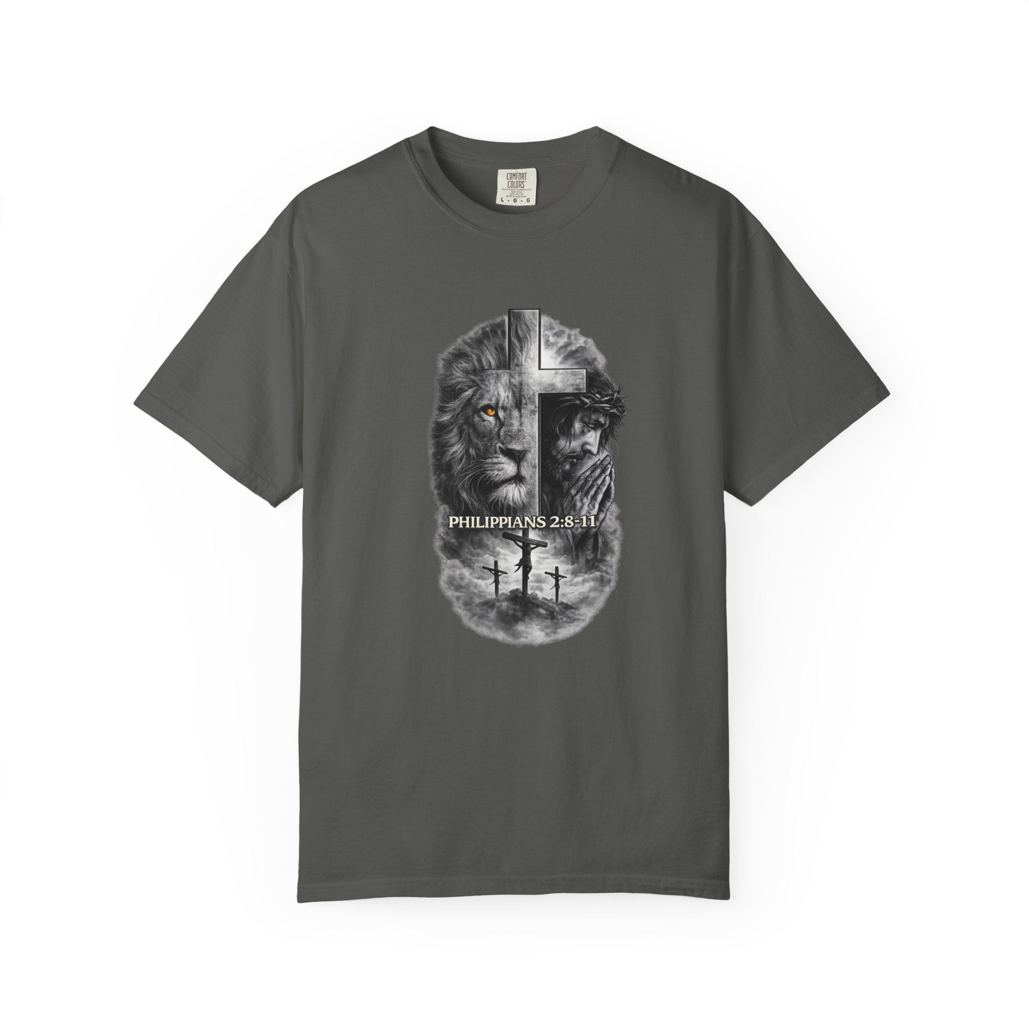 Christian Lion Cross T-Shirt — Philippians 2:8 Faith Graphic Tee