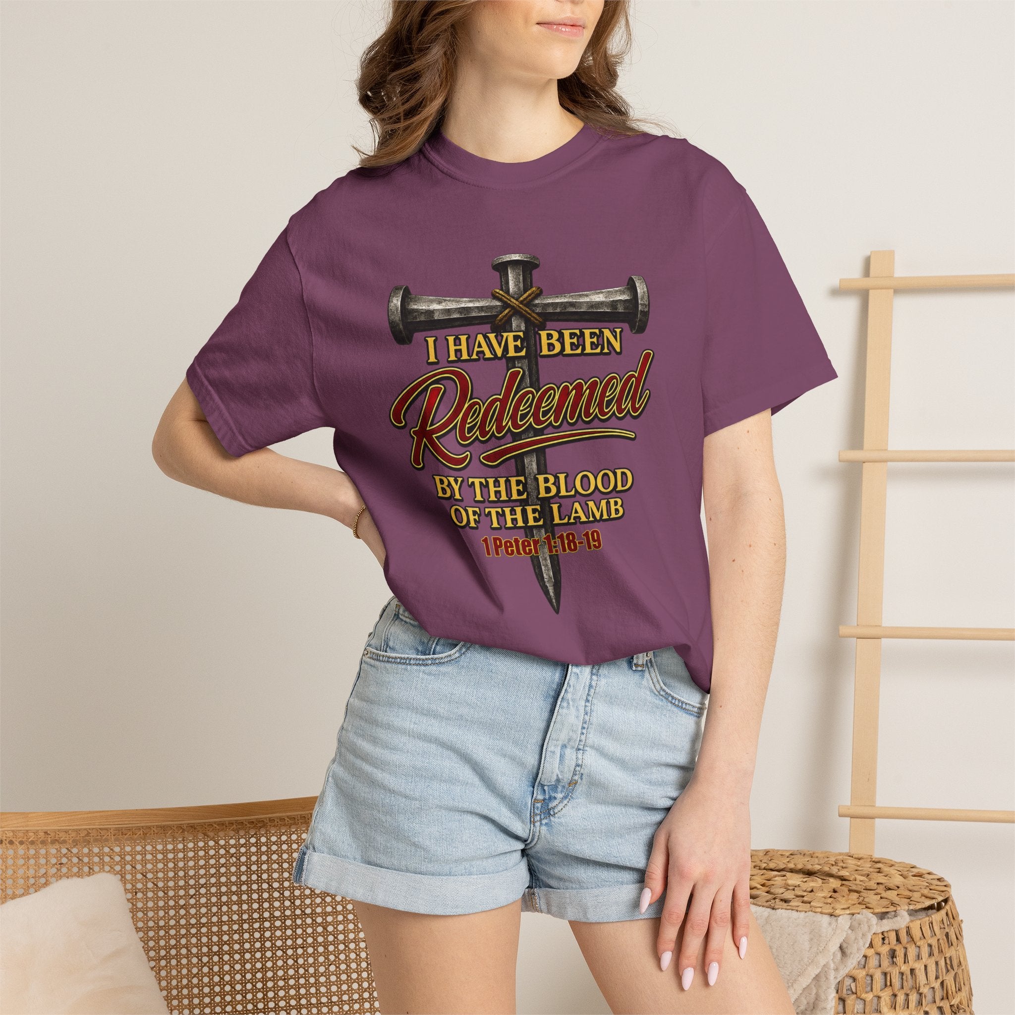 Redeemed by the Blood T-Shirt — Christian Cross & Nail Faith Tee (1 Peter 1:18-19)
