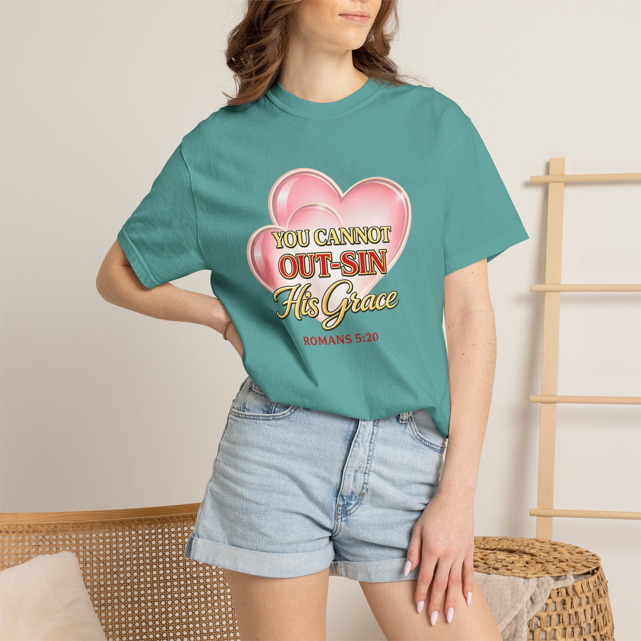 Christian Heart T-Shirt — "You Cannot Out-Sin His Grace" (Romans 5:20)