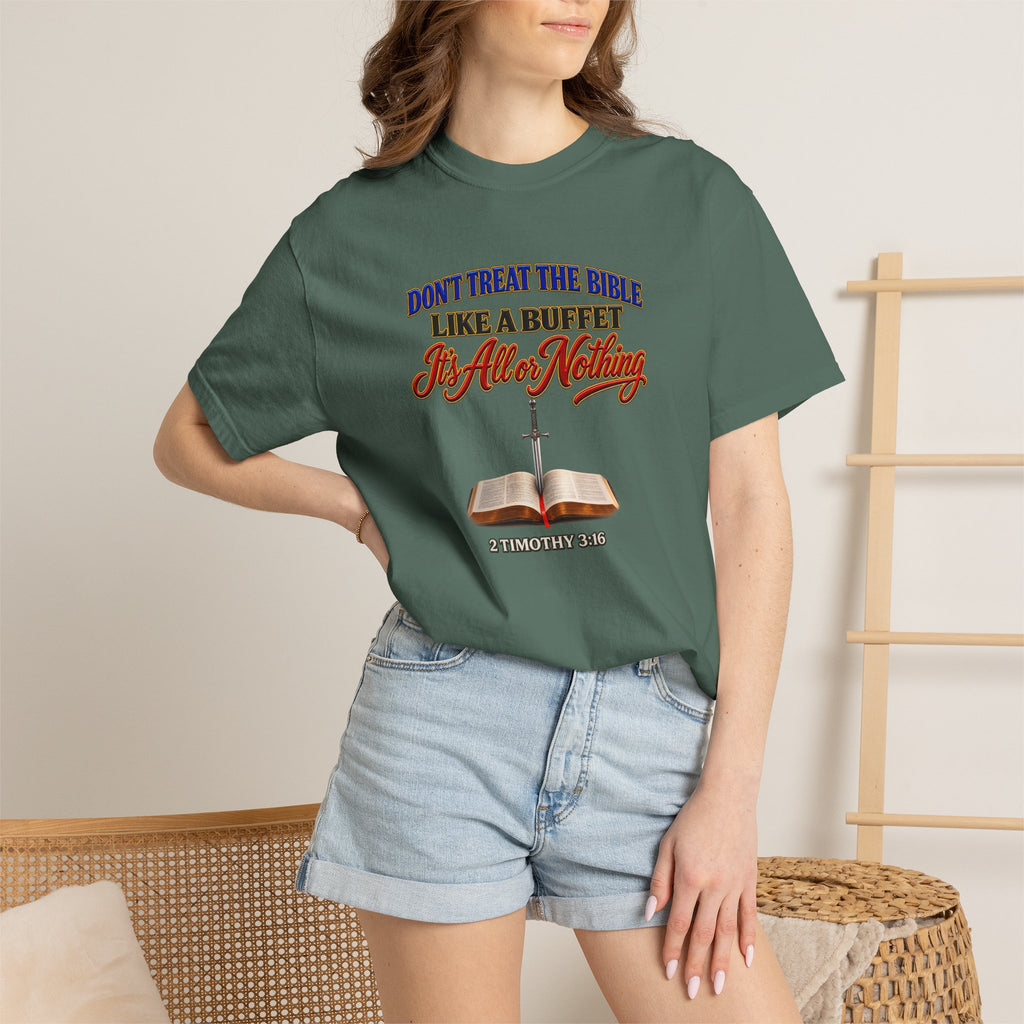 Christian Faith T-Shirt — "Don't Treat the Bible Like a Buffet" with Open Bible & "Full Armor of God" Back
