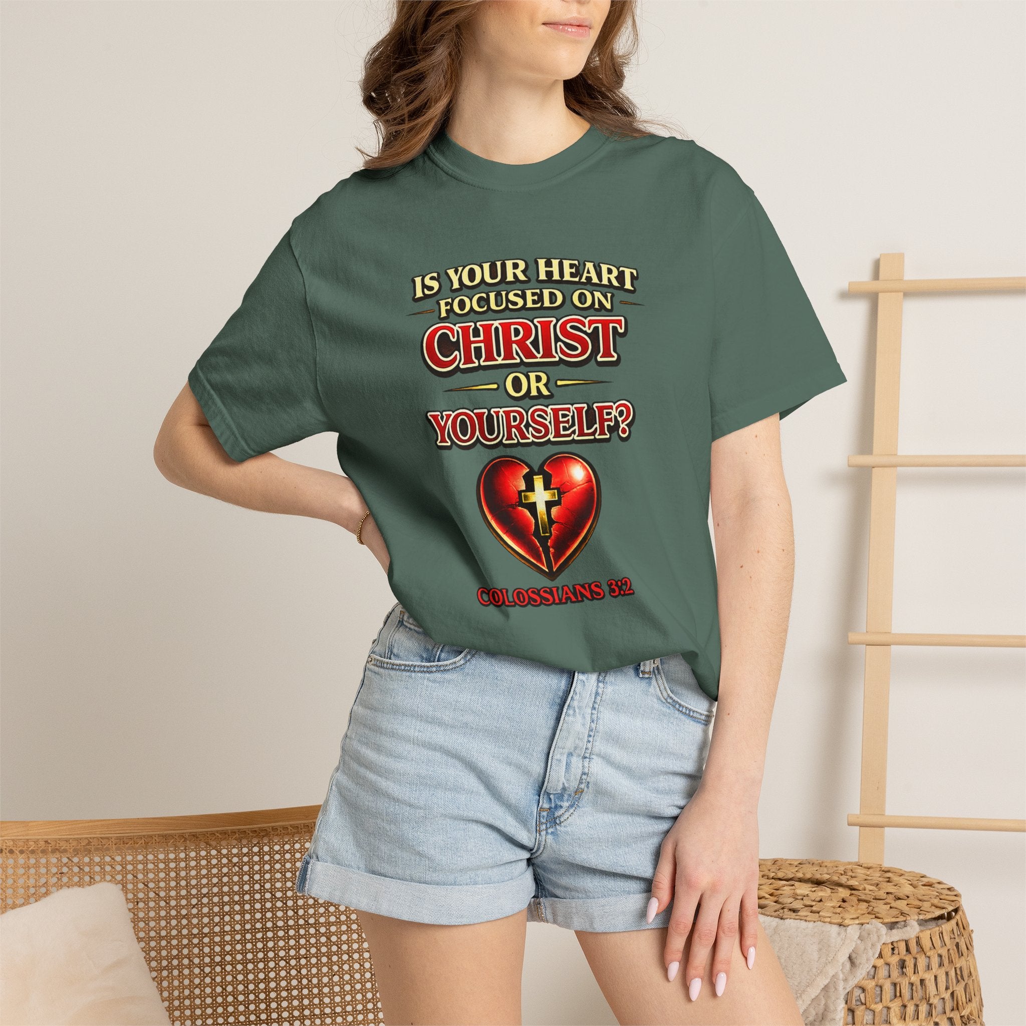 Christian Graphic T-Shirt — “Is Your Heart Focused on Christ or Yourself?” with Heart & Cross