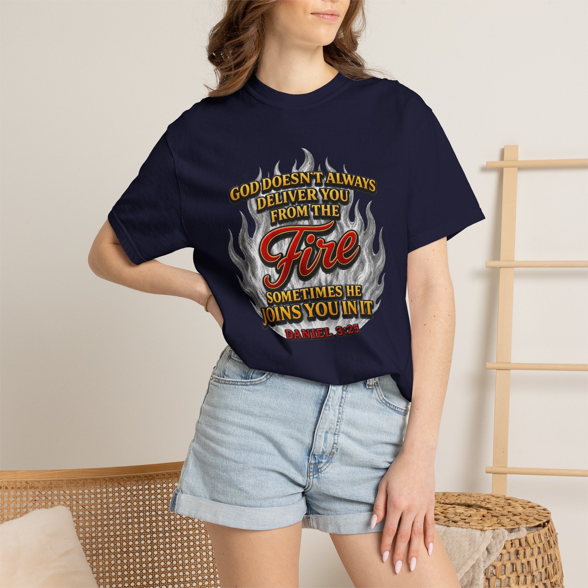 Christian Flame T-Shirt — "God Doesn’t Always Deliver You From the Fire" Faith Tee
