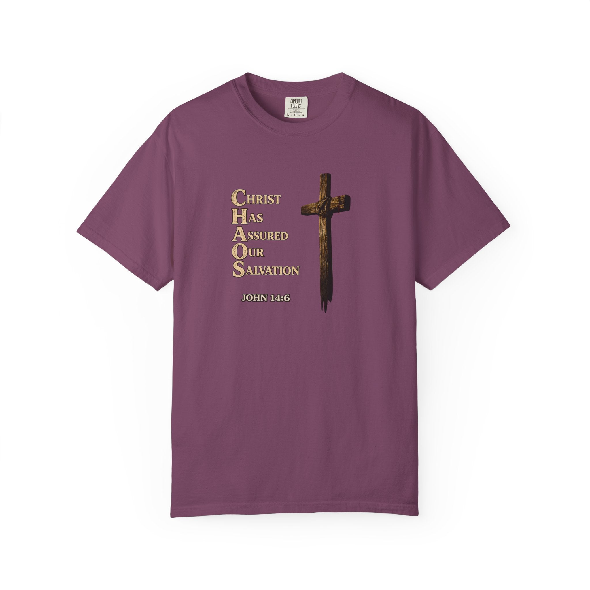 Christian Cross T-Shirt — "Christ Has Answered Our Salvation" Faith Tee (Back: "Full Armor of God")