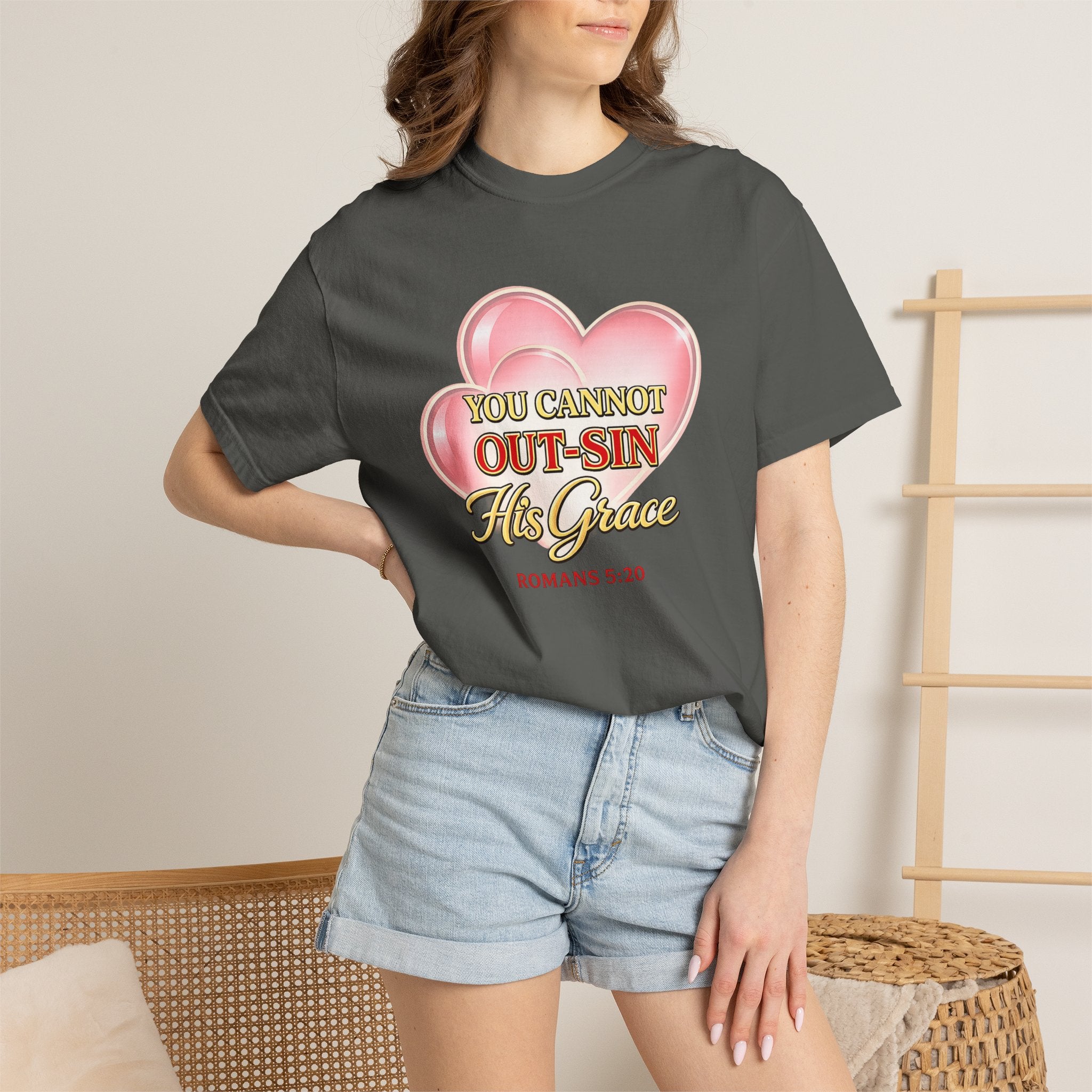 Christian Heart T-Shirt — "You Cannot Out-Sin His Grace" (Romans 5:20)