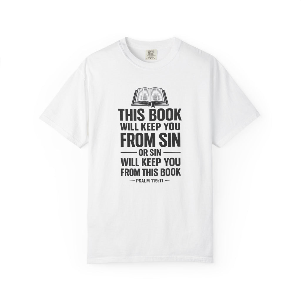 Religious T-Shirt — "This Book Will Keep You From Sin" Christian Bible Tee