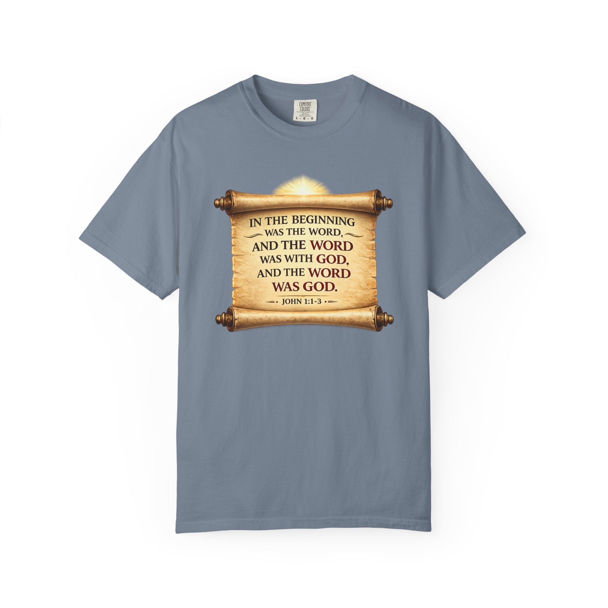 T-shirt — "In the Beginning Was the Word" John 1:1 Scroll Christian Tee