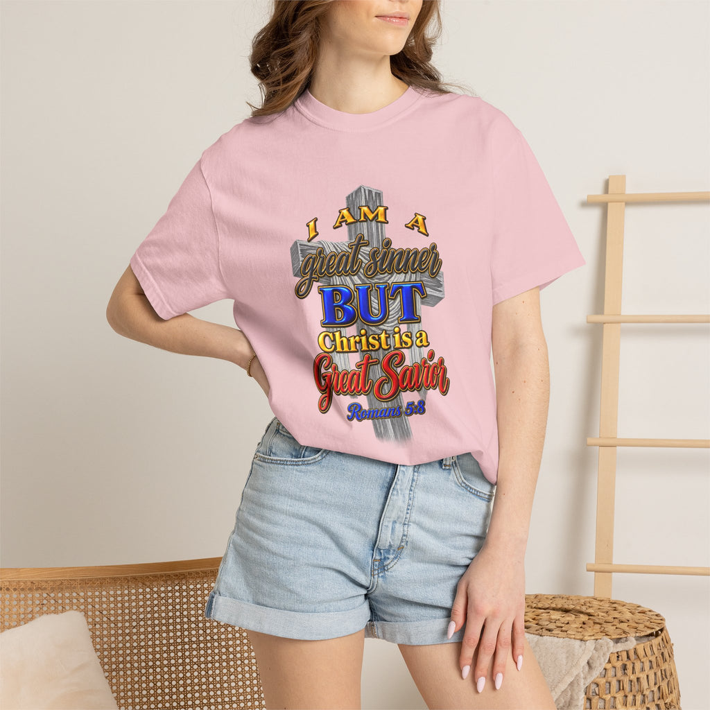 Christian Graphic T-Shirt — "I Am A Great Sinner But Christ Is A Great Savior" (Full Armor of God)