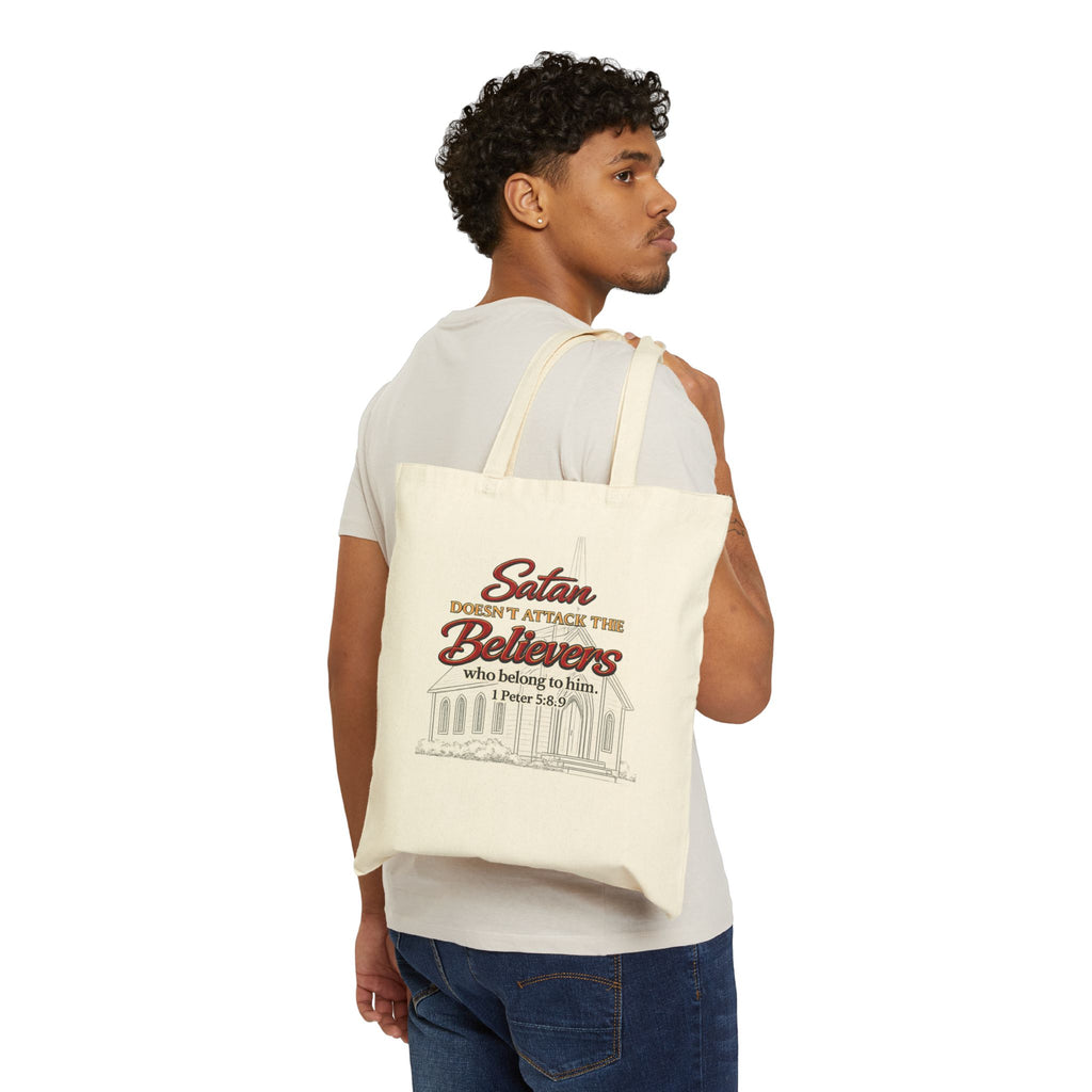 Christian Scripture Tote Bag – “Satan Doesn’t Attack the Believers” Canvas Grocery & Church Tote