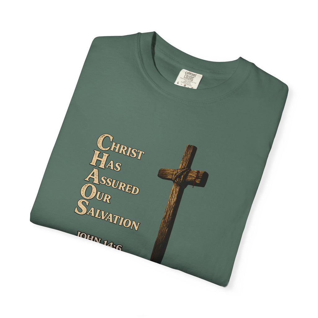 Christian Cross T-Shirt — "Christ Has Answered Our Salvation" Faith Tee (Back: "Full Armor of God")
