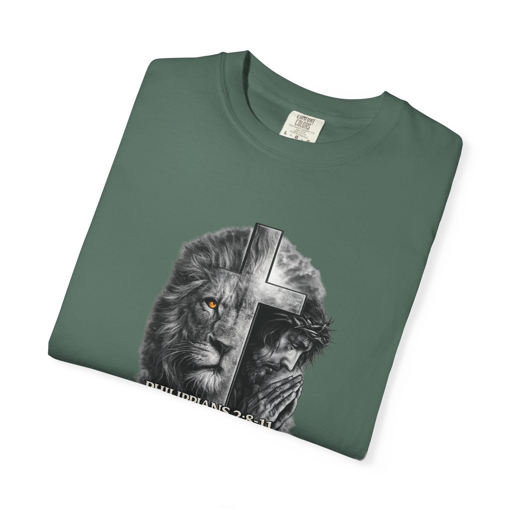 Christian Lion Cross T-Shirt — Philippians 2:8 Faith Graphic Tee