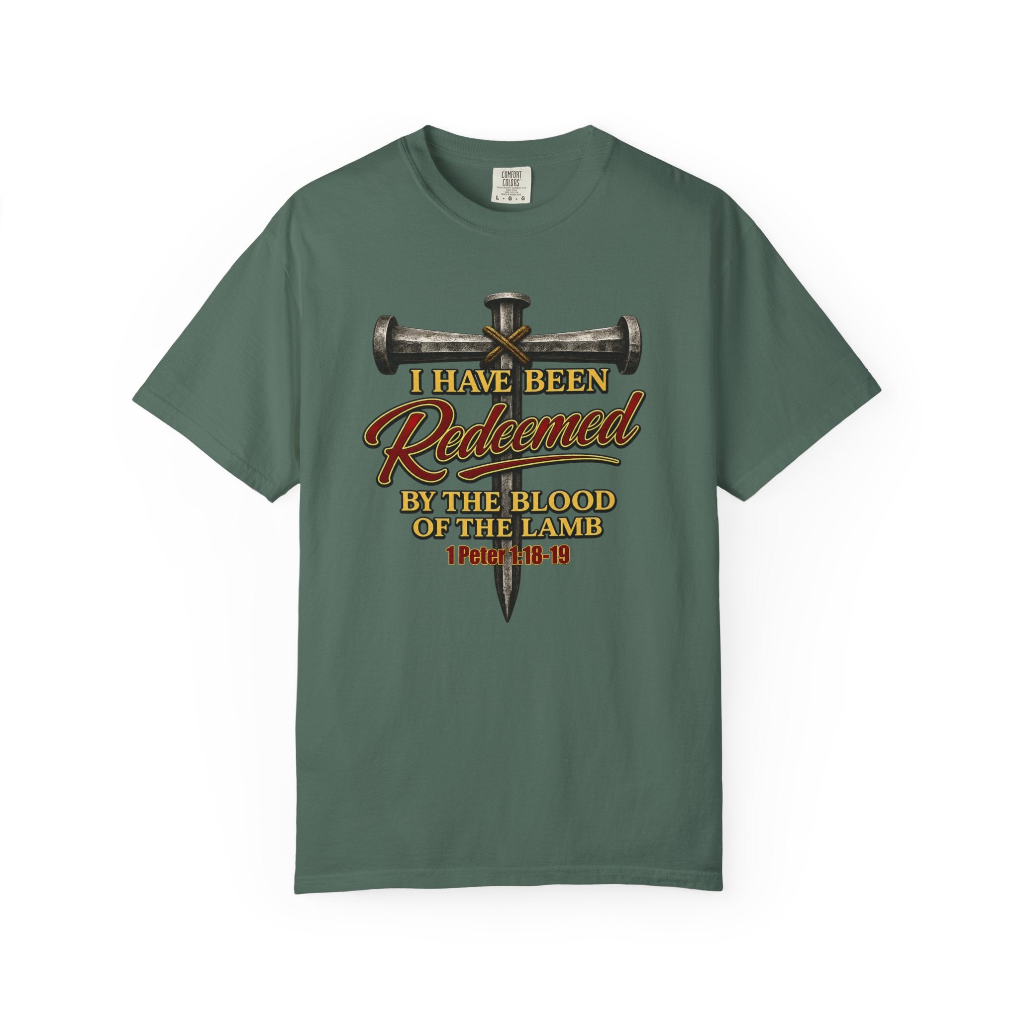 Redeemed by the Blood T-Shirt — Christian Cross & Nail Faith Tee (1 Peter 1:18-19)