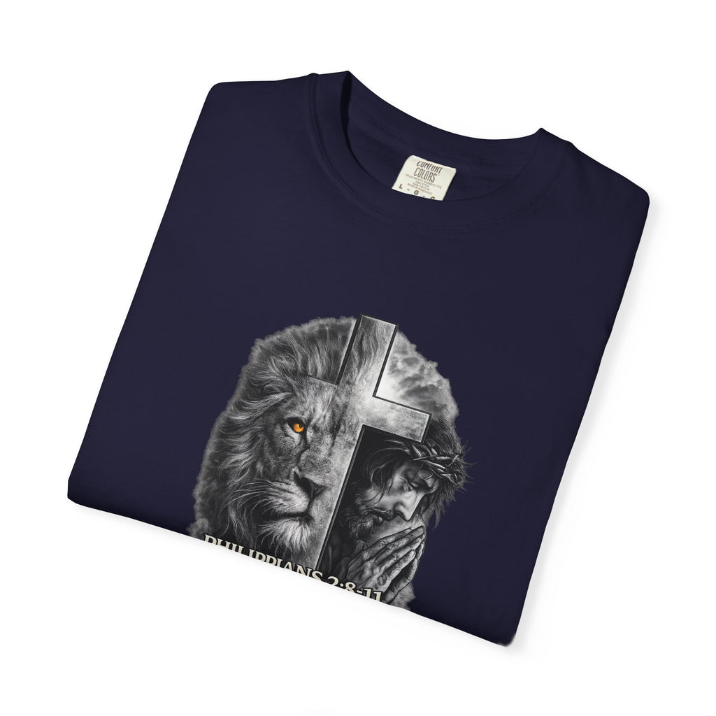 Christian Lion Cross T-Shirt — Philippians 2:8 Faith Graphic Tee