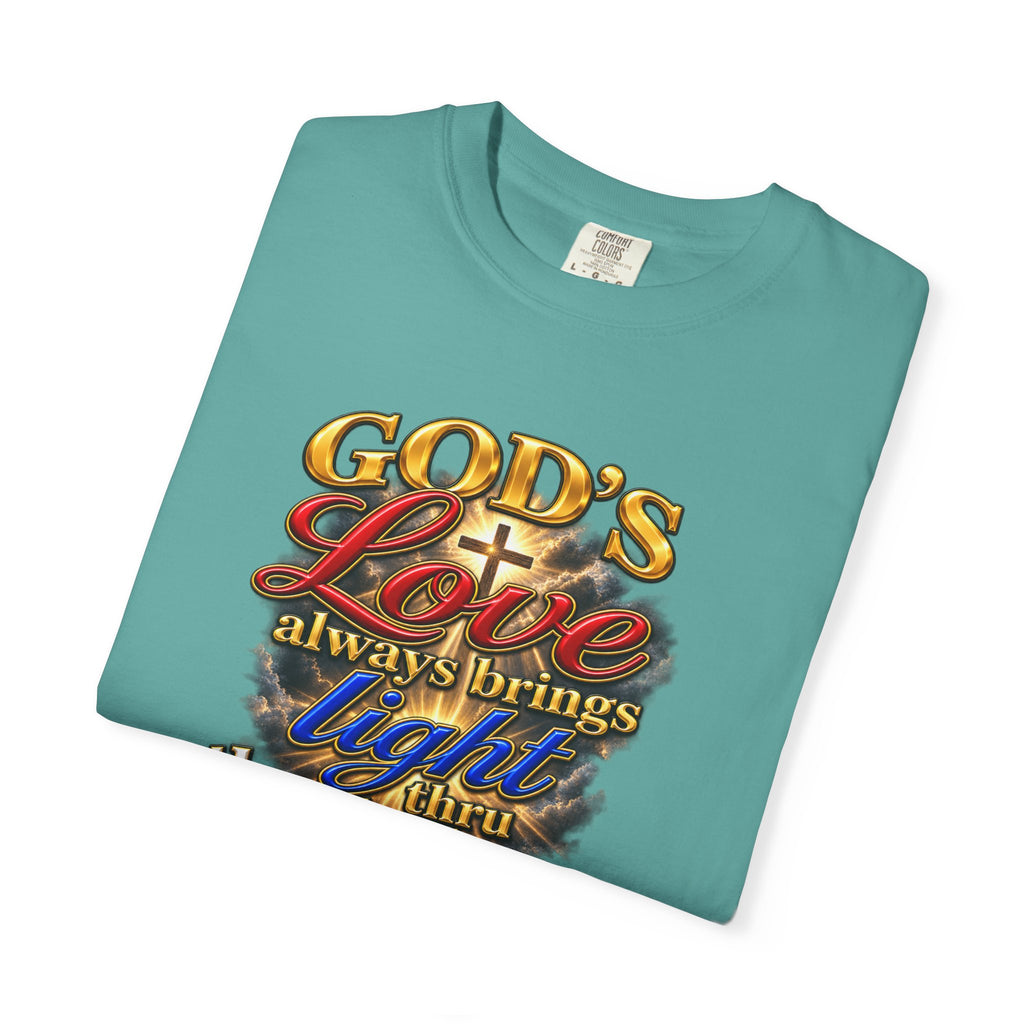 Christian Faith T-Shirt – “God’s Love Always Brings Light” Scripture Tee (John 8:12)