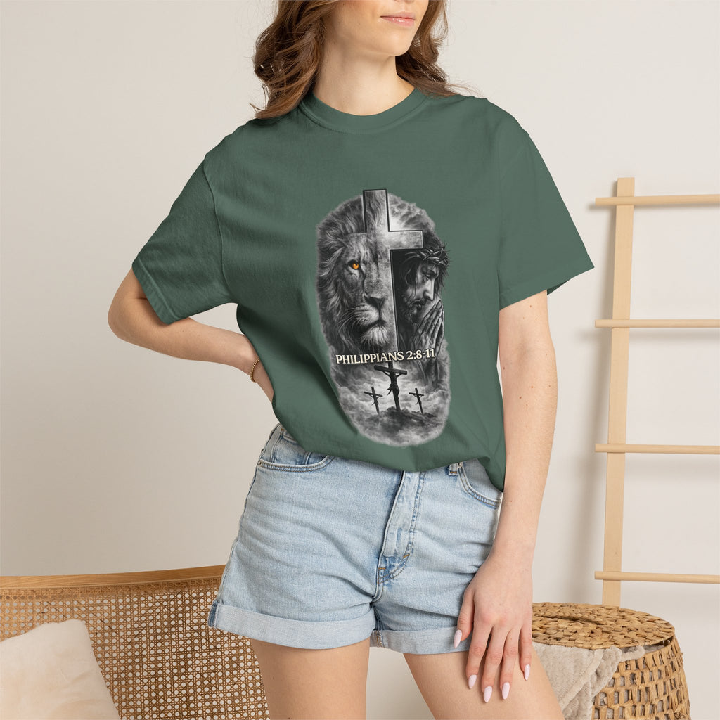 Christian Lion Cross T-Shirt — Philippians 2:8 Faith Graphic Tee