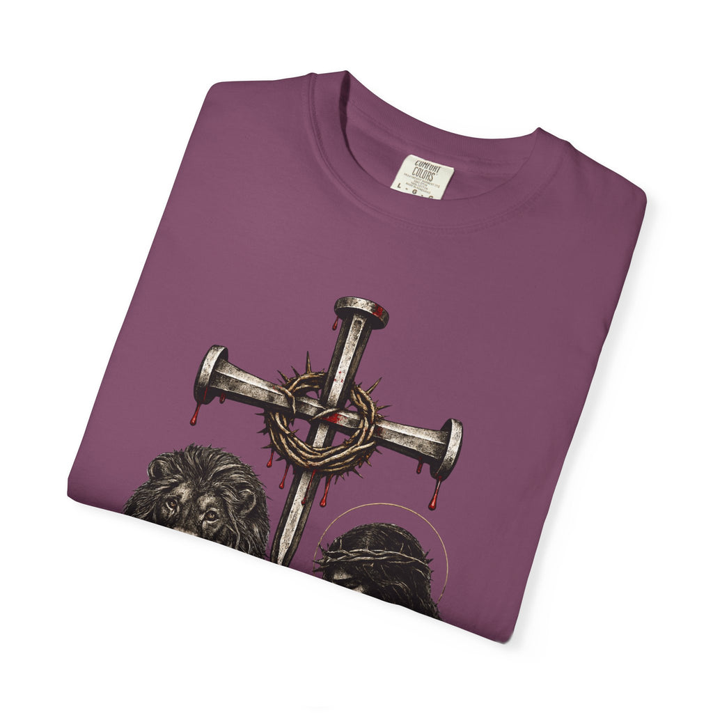 Revelation 5:5 Christian T-Shirt — Lion & Lamb Cross Design