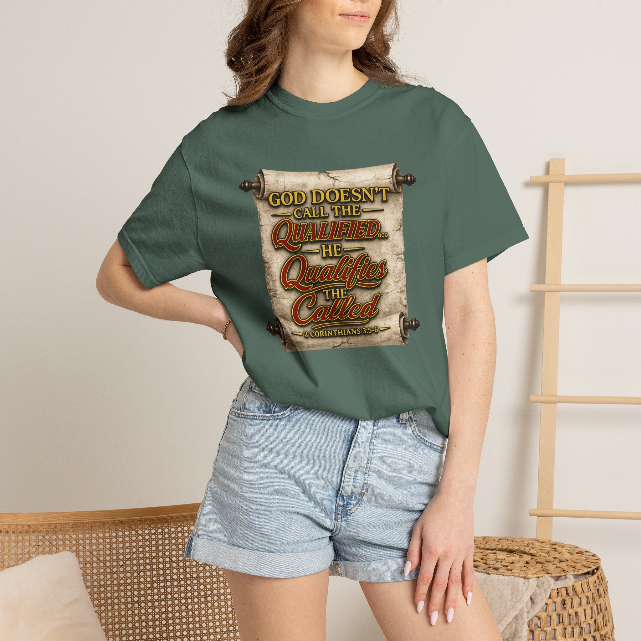 T-Shirt — "God Doesn't Call the Qualified, He Calls the Called" Scroll Christian Graphic